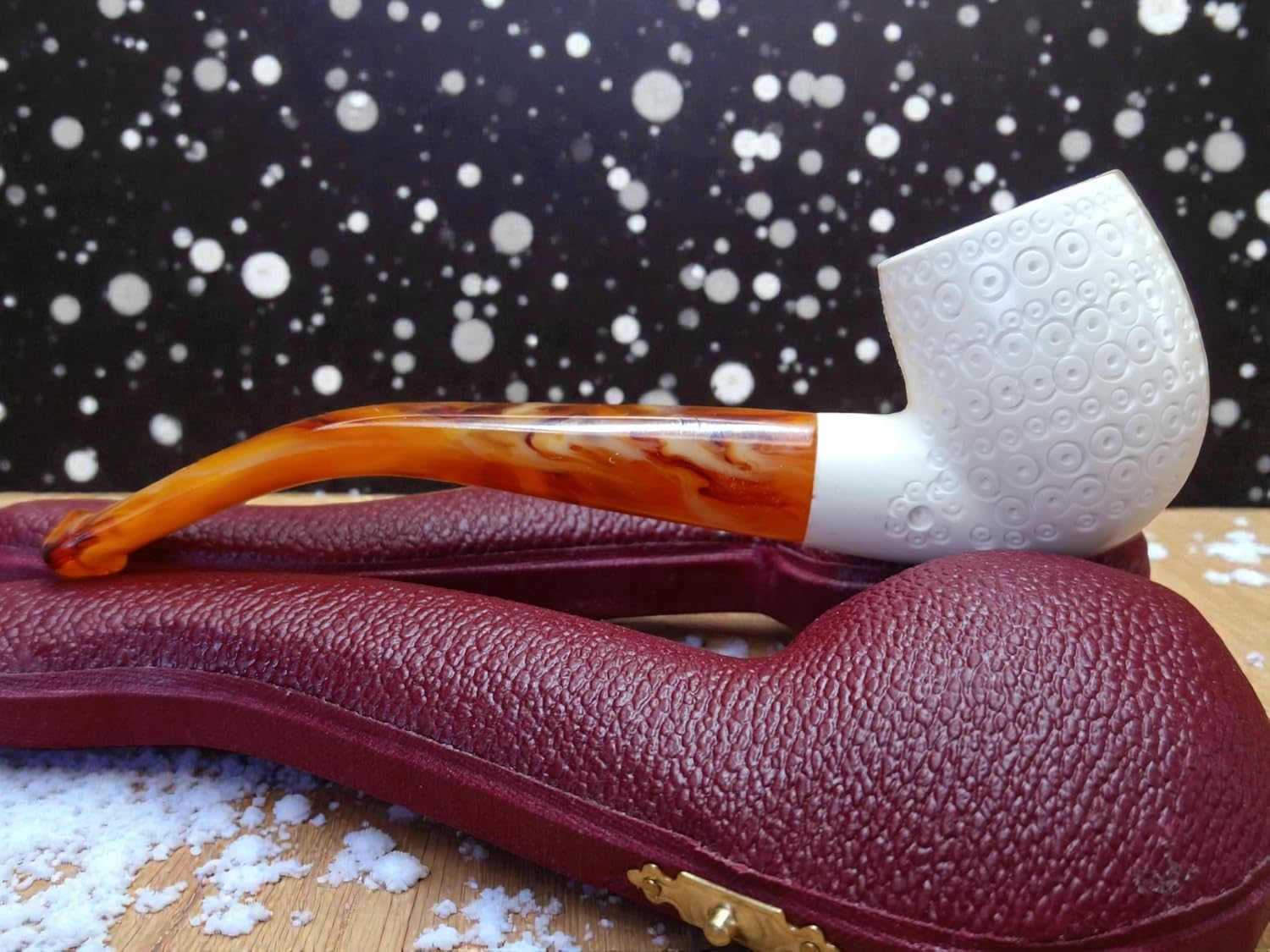 Meerschaum Online Block Meerschaum Cosmic Spiral Pipe, Hand-Carved, White, 130mm Length, with Fitted Case