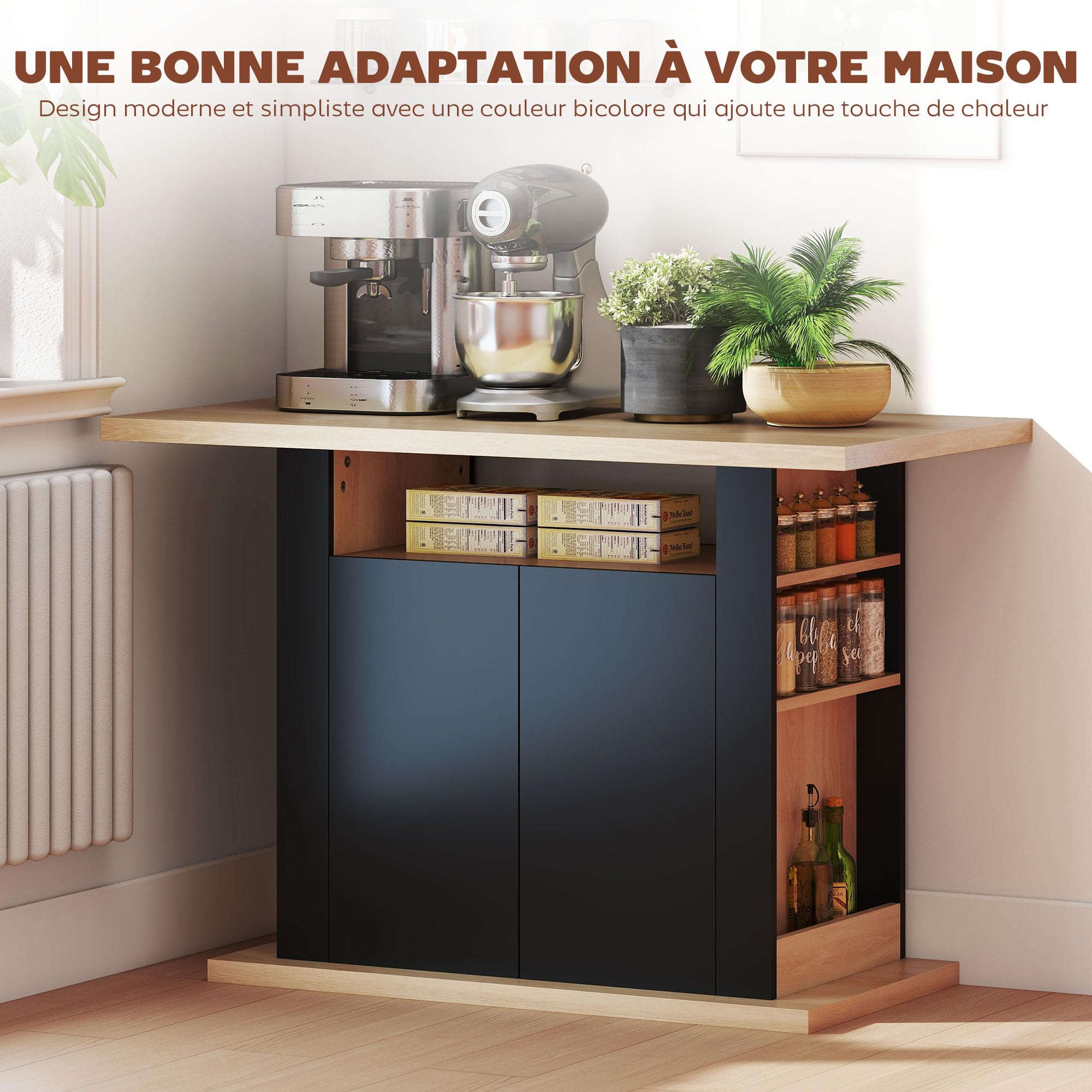HOMCOM Îlot Central Cuisine Table à Manger Meuble de Rangement avec Grand Plan de Travail 4 Personnes - Placard 4 Portes et étagères - en Bois - 110 x 70 x 75,5 cm Noir et Naturel
