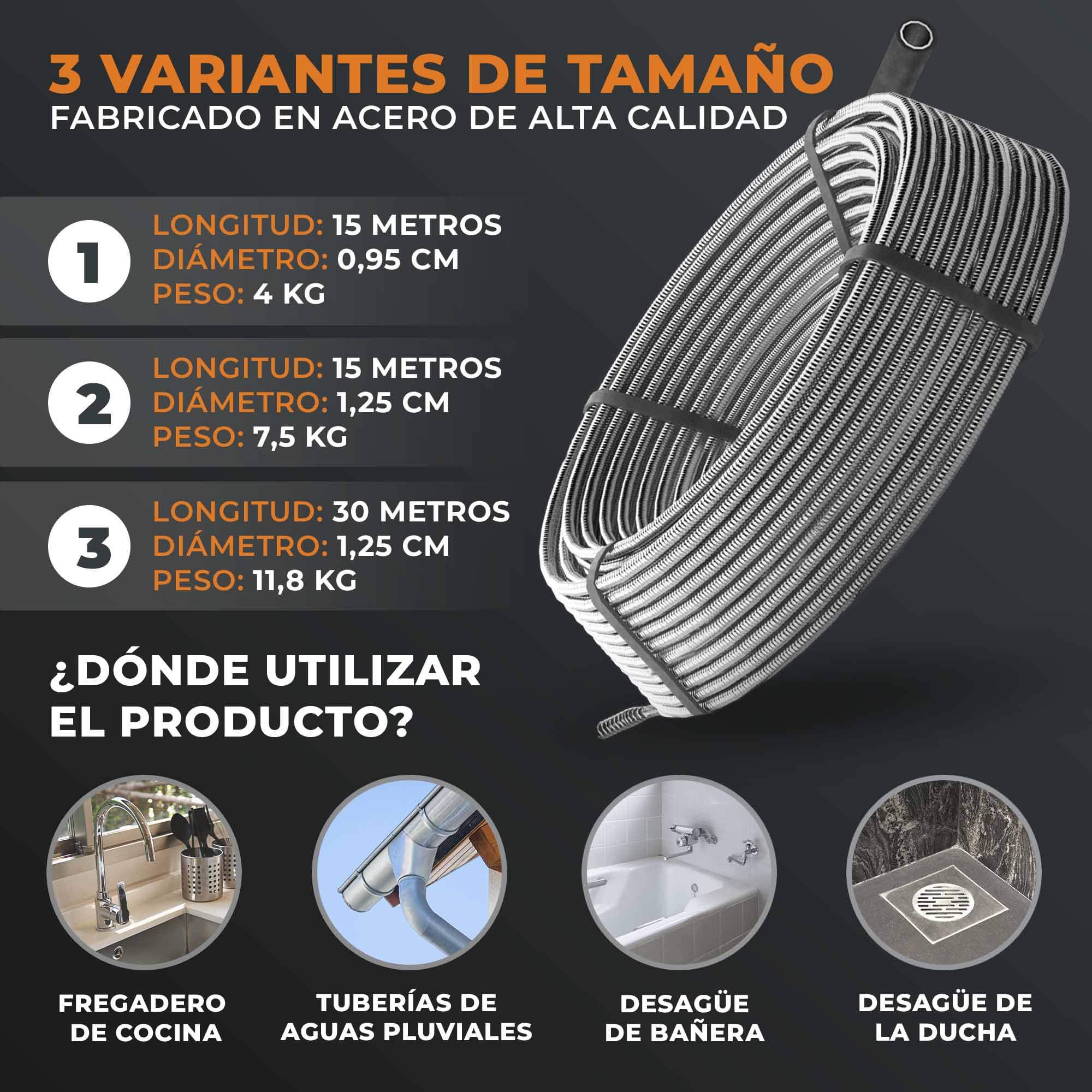 Meisterfaktur Desatascador Tuberias 3.0 [15 m] - muy Larga - Espiral para Desatascar Tuberias para Atascos Graves y Difíciles - ¡Limpiador de Desagües y de Tuberías para Aficionados al Bricolaje!