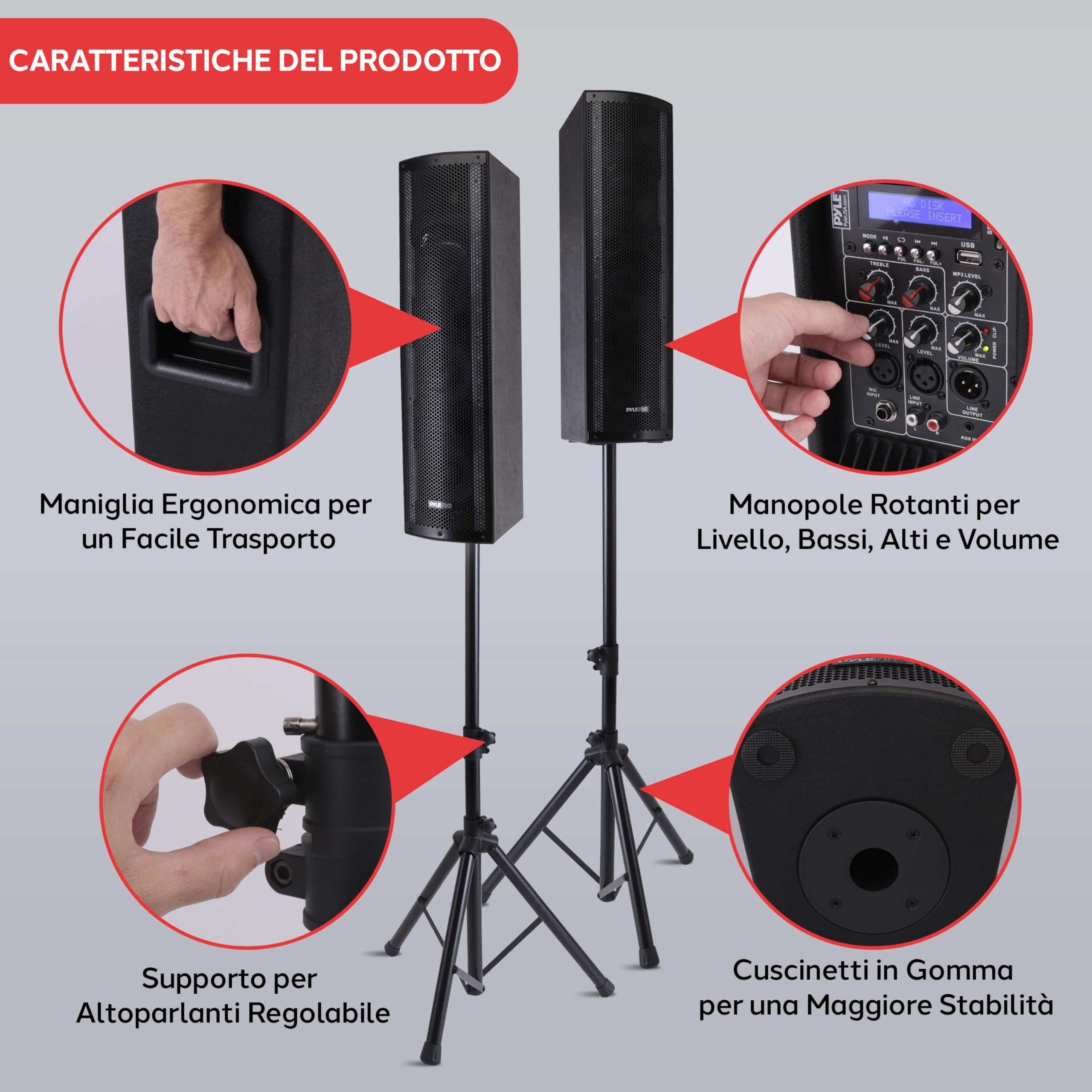 Pyle Casse Bluetooth Portatili, 3 Vie, Altoparlante Bluetooth Attivo e Passivo, Sistema PA Portatile con Ingresso Microfono, Speaker con Luci per Feste, Treppiedi, Radio FM, Telecomando, Nero