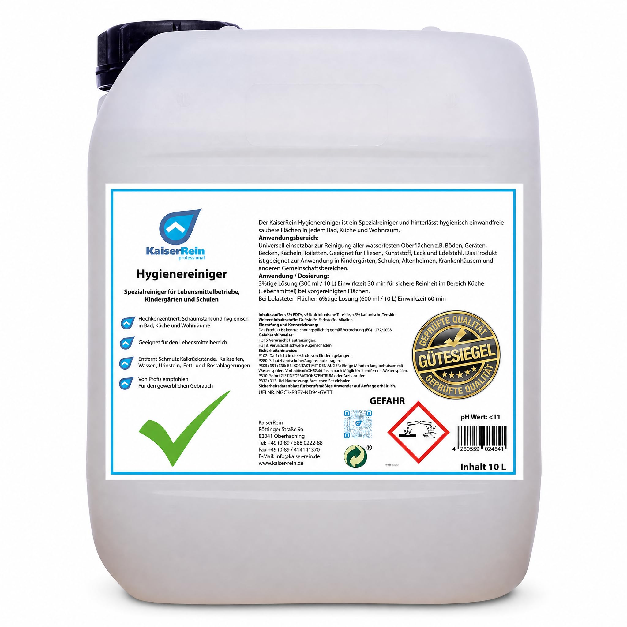 KaiserRein Hygienereiniger Konzentrat, Profi-Universalreiniger für Bad, Küche & Boden, Sanitärreiniger/Kalkreiniger/Fettlöser, 10 L Kanister, schaumfähig für wasser- & säurebeständige Oberflächen