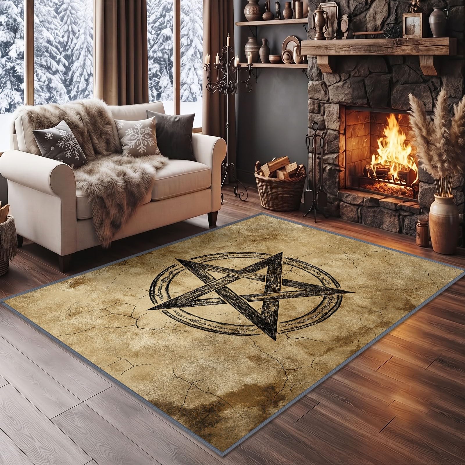 Gothique Minimaliste Tapis Antidérapant 180 x 240 cm Doux Tapis, pour Salon Chambre à Coucher Salle à Manger Étoile Cinq Branches Double Anneau Cercle Lavable Poils Ras Lavable Poils Courts Moquette