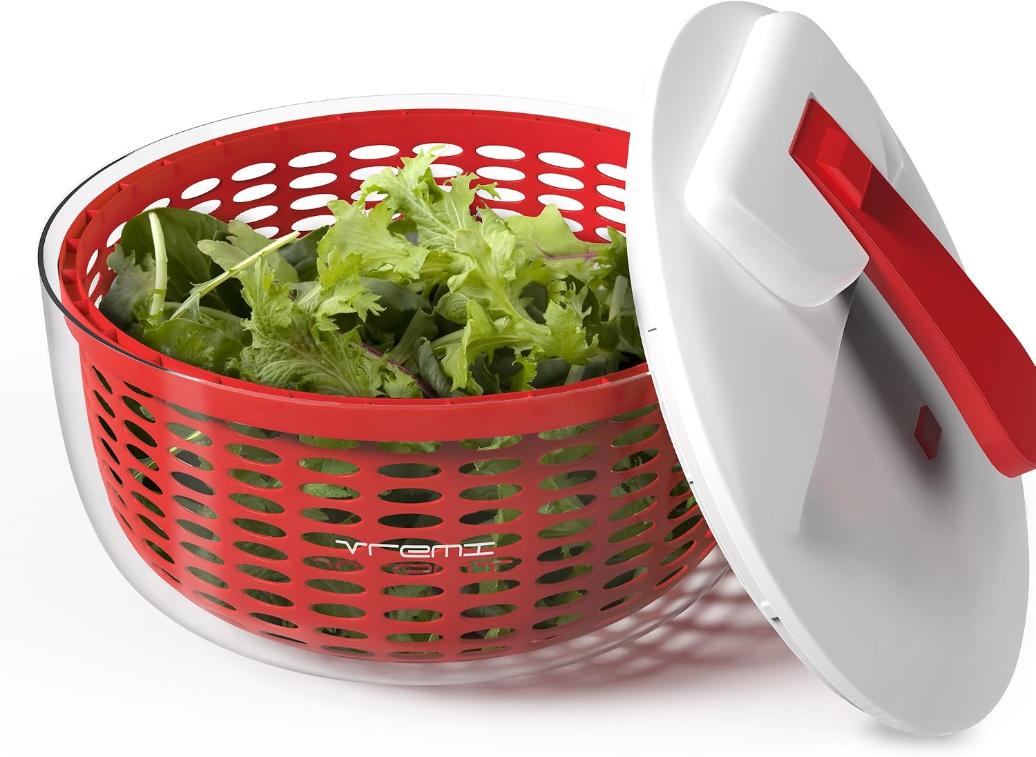 Vremi Large Salad Spinner - 6.3 Quart Capacity BPA Free Lettuce Vegetable Dryer with Lid and Colander Basket Insert - White Red Plastic 6 Liter Salad Spinner with Easy Spin Collapsible Locking Handle