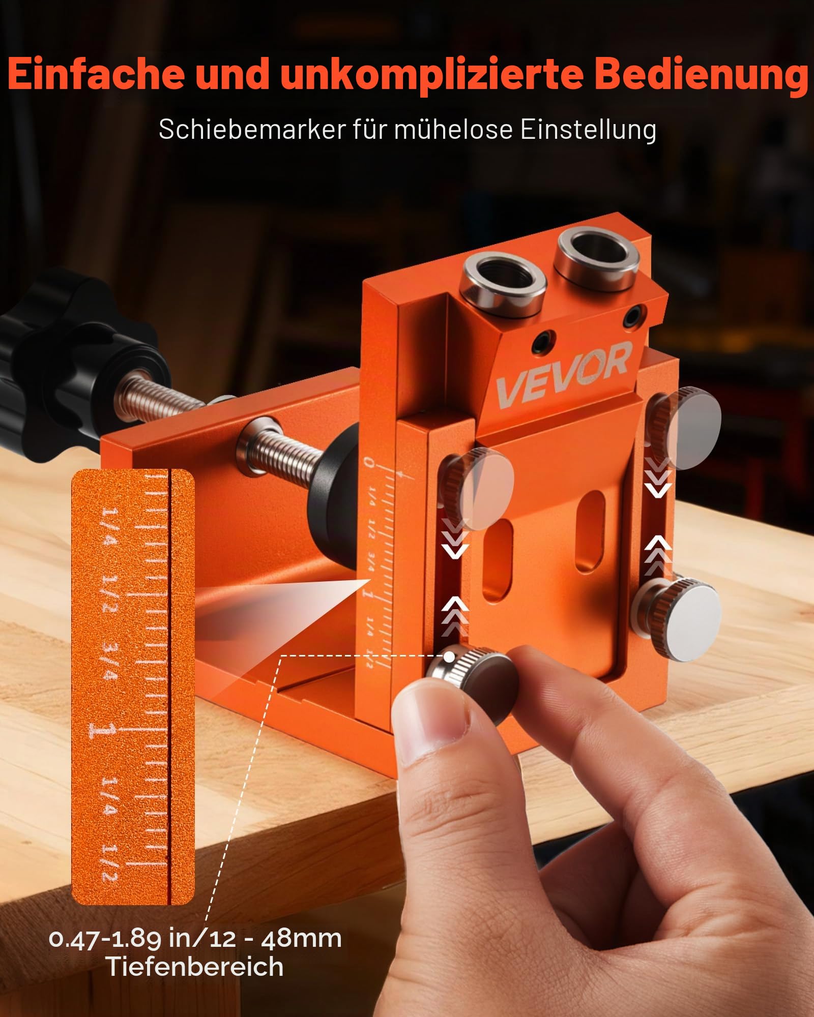 VEVOR Pocket Hole Jig Set Taschenloch-Vorrichtungssatz 12-48 mm Vorrichtungs-Taschenlochsystem mit Stufenbohrer, Sechskantschlüssel, Bohrstoppring, Vierkant-Antriebsbit, Dübel und Schrauben