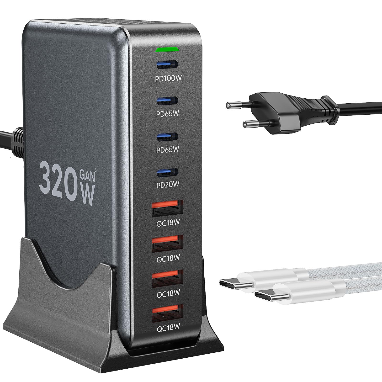USB C Ladegerät Mehrfach: 320W 8 Anschlüsse GaN III Ladestation, USB-C PD Desktop Ladegerät mit Schnell-Laden, kompatibel mit iPhone, Samsung, MacBook,Dell,SteamDeck und mehr
