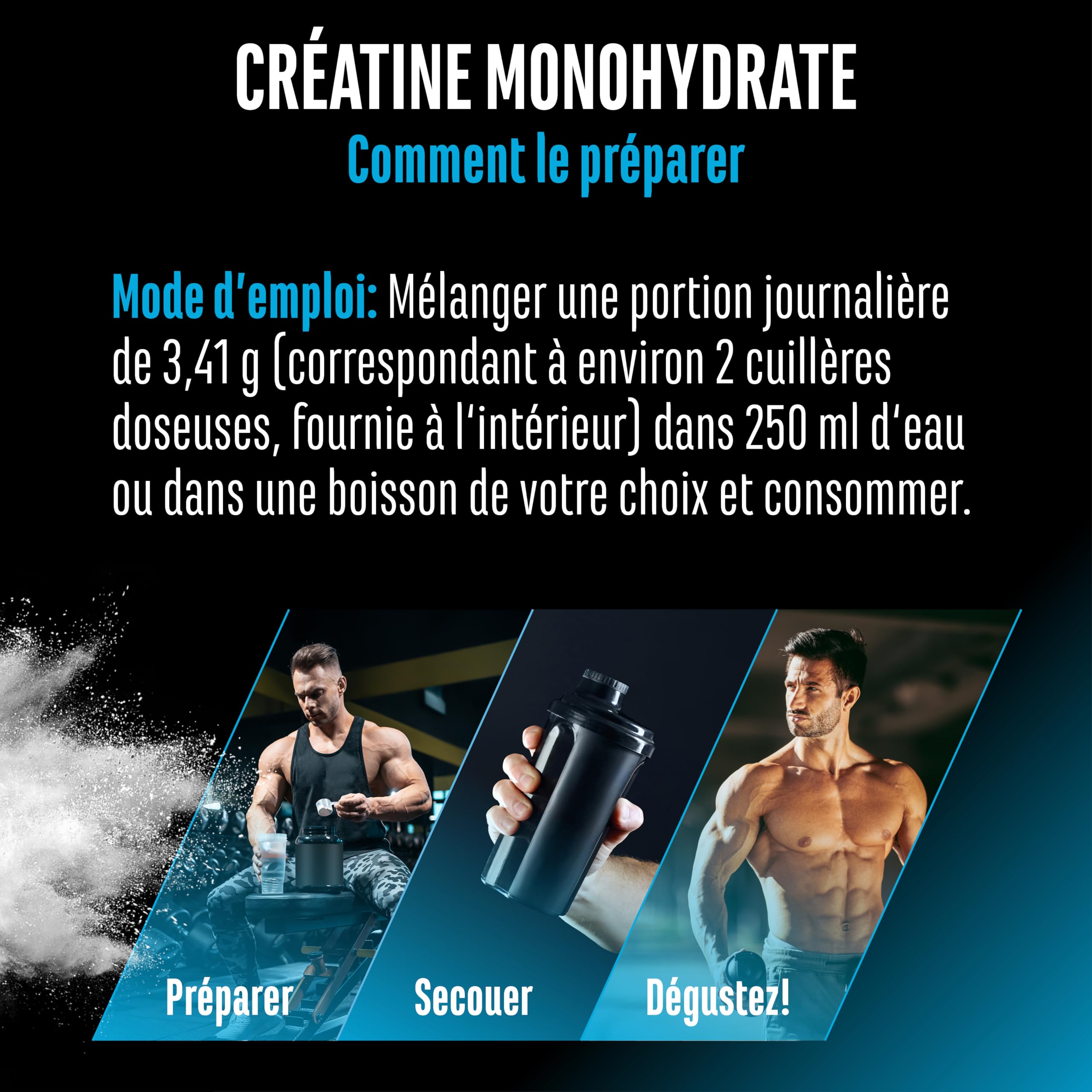 Poudre de Créatine - 1kg / 1000 g - Poudre de Monohydrate de Créatine - Solubilité Optimale & Microfine - Vegan - 293 Applications
