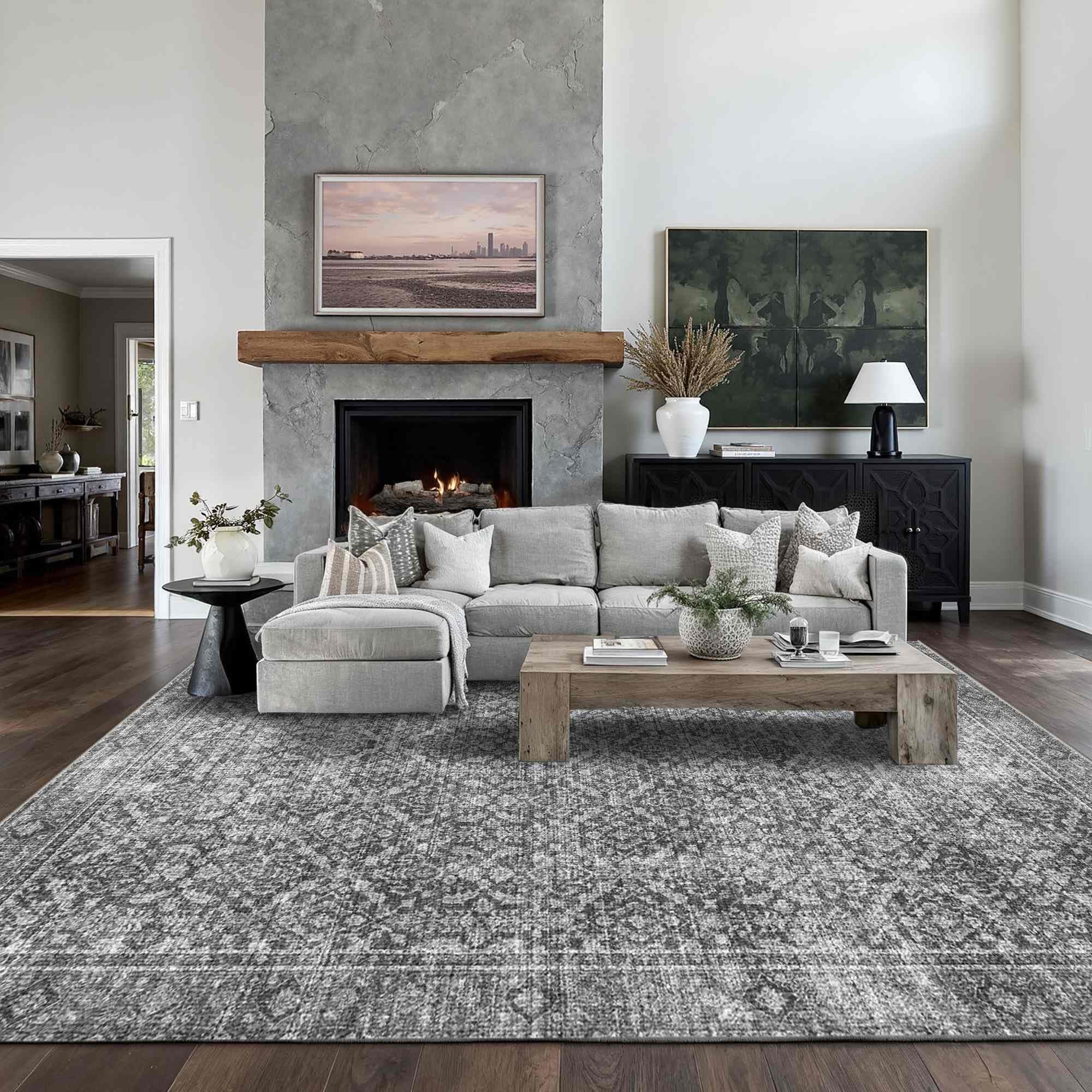 Latte&Fog 8x10 Area Rugs for Living Room, Large Vintage Grey Washable Rug, Boho Floral Non Slip Low Pile Carpet for Indoor Bedroom, Dining Room,