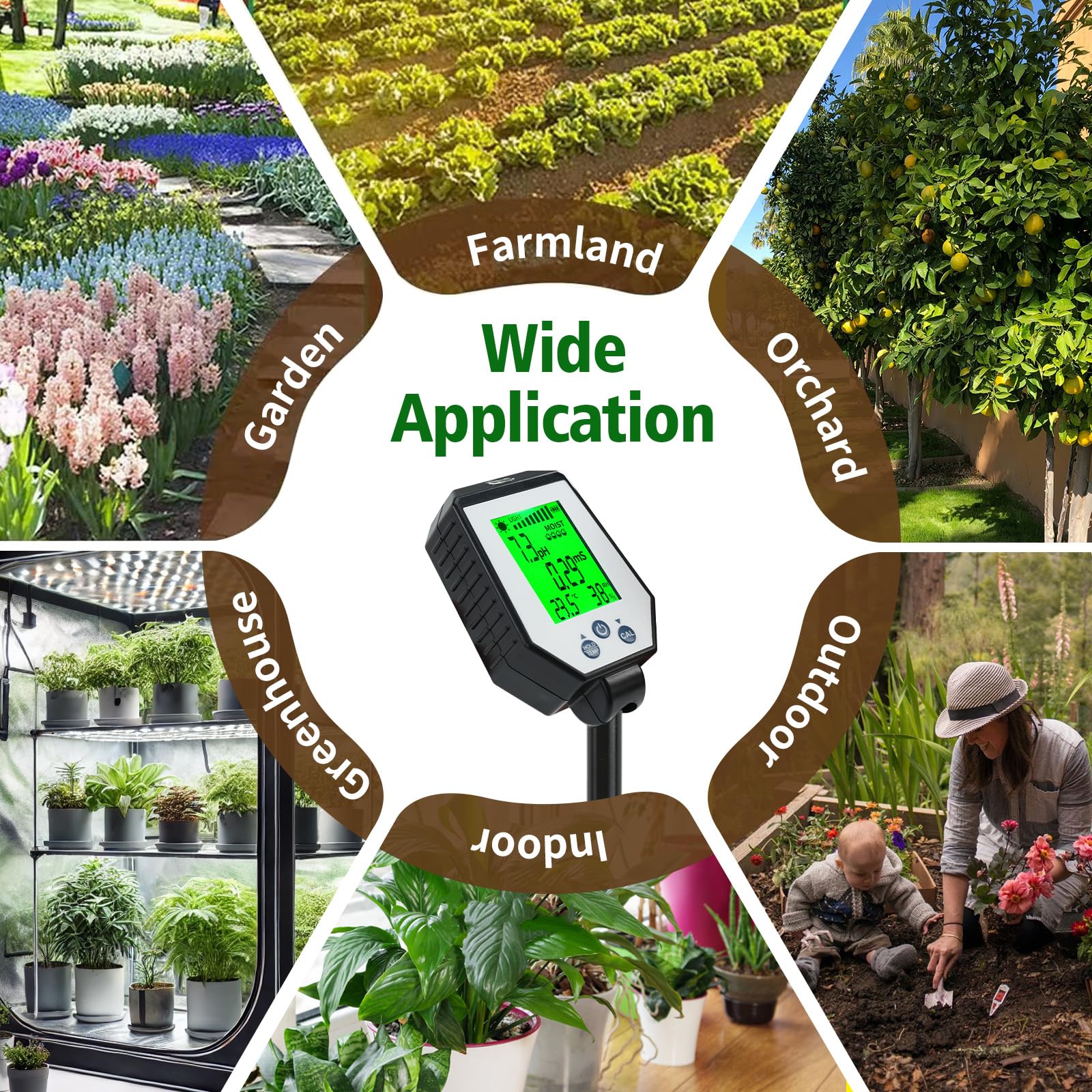 Comprobador de suelo digital giratorio 6 en 1: medidor preciso de PH, humedad, temperatura, luz y Ec para interiores y exteriores, fermentación, granjas y céspedes