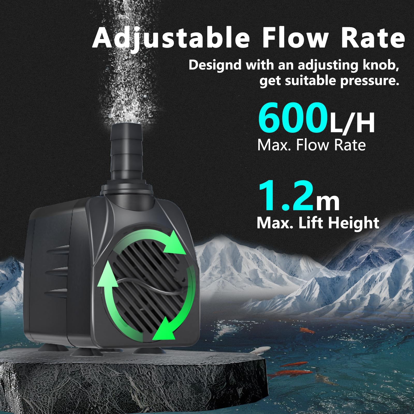 Bomba de Agua Sumergible 10W 600L/H, con Protección contra Sobrecalentamiento, Funcionamiento Ultrasilencioso. Para Estanques, Acuarios y Sistemas Hidropónicos. Incluye Cable de 1.5m Caudal Ajustable.