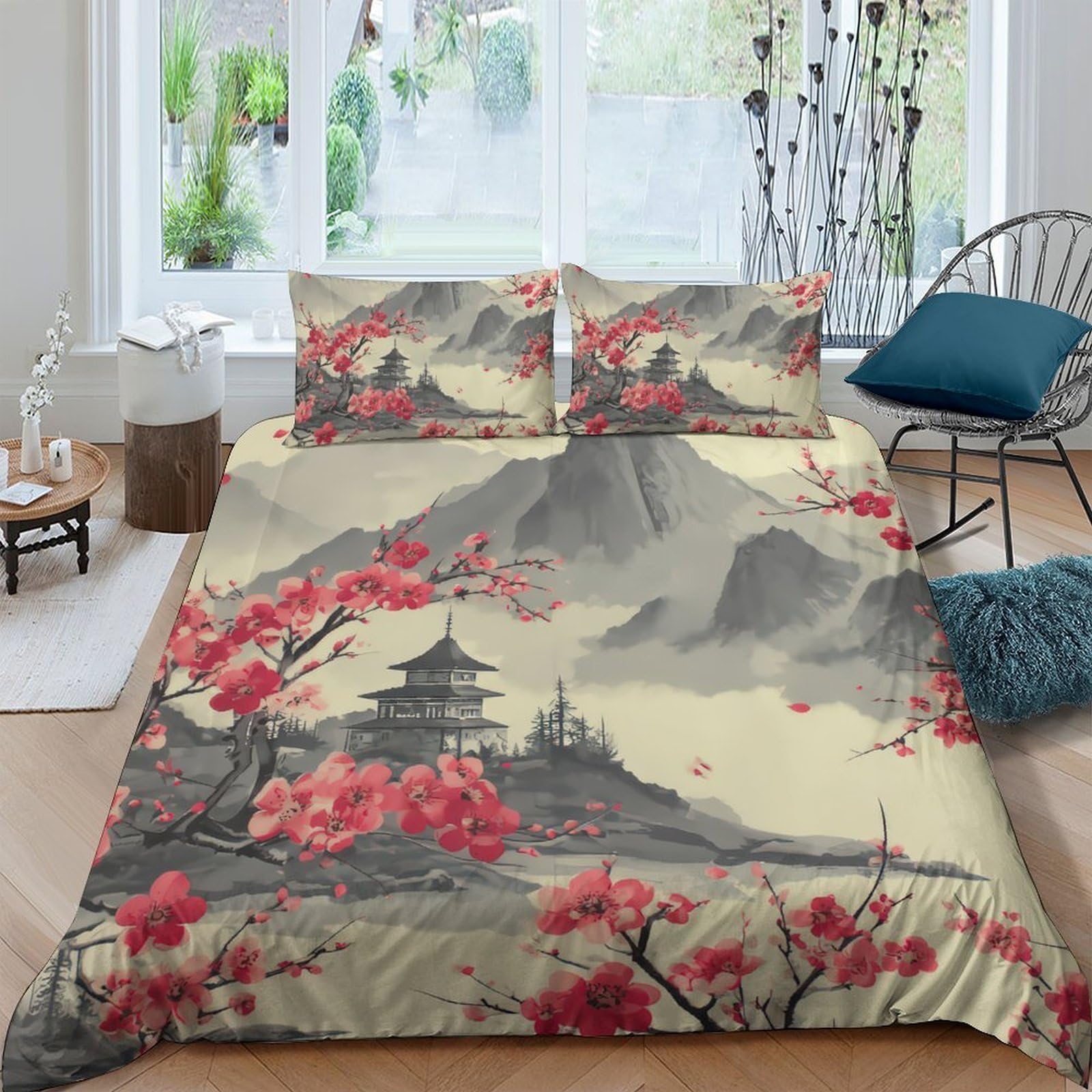 Ctjqhvkz Style-10 3D Printed Japanese Landscape Fitted Sheet Microfiber Floral Pagoda Bed Cover For Bedroom Guest Room Decor, Washable Single（135X200cm）
