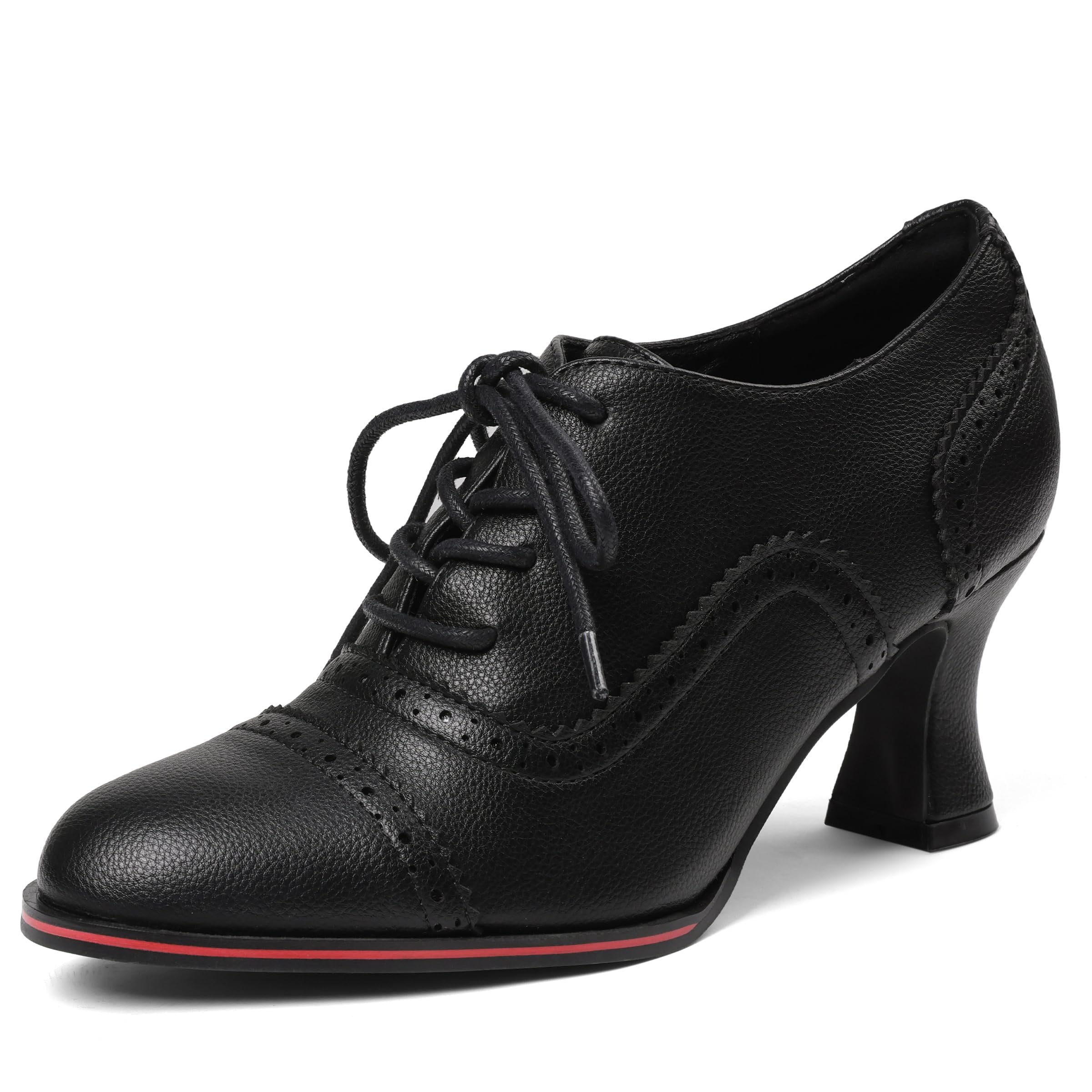 Womens Black Oxfords Dress Wingtip Vintage Comfortable Chunky High Heel Lace Up Brogues Booties