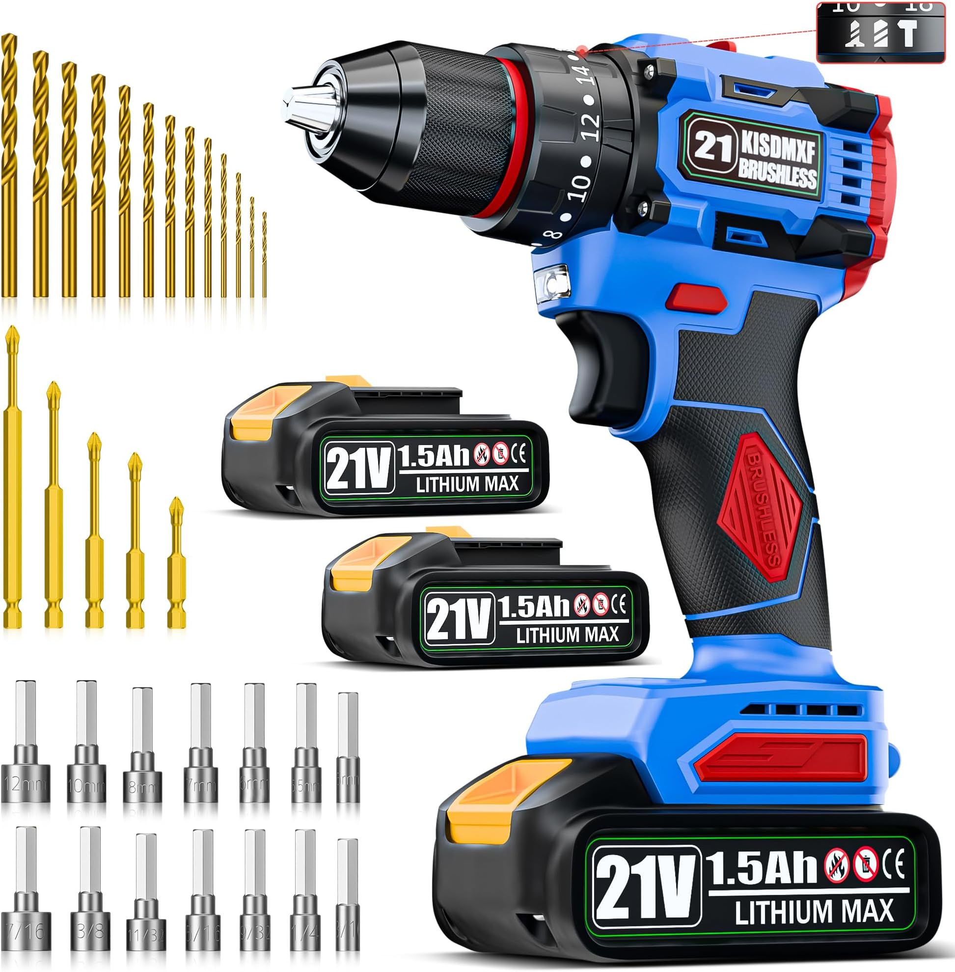 Cordless Drill Set 21V, Electric Power Drill Kit with 21 * 3 Position Hammer Drill with 2 Battery and Charger, 90NM, 3/8'' Keyless Chuck, 2 Variable Speed LED Light and 33 Tool Accessories