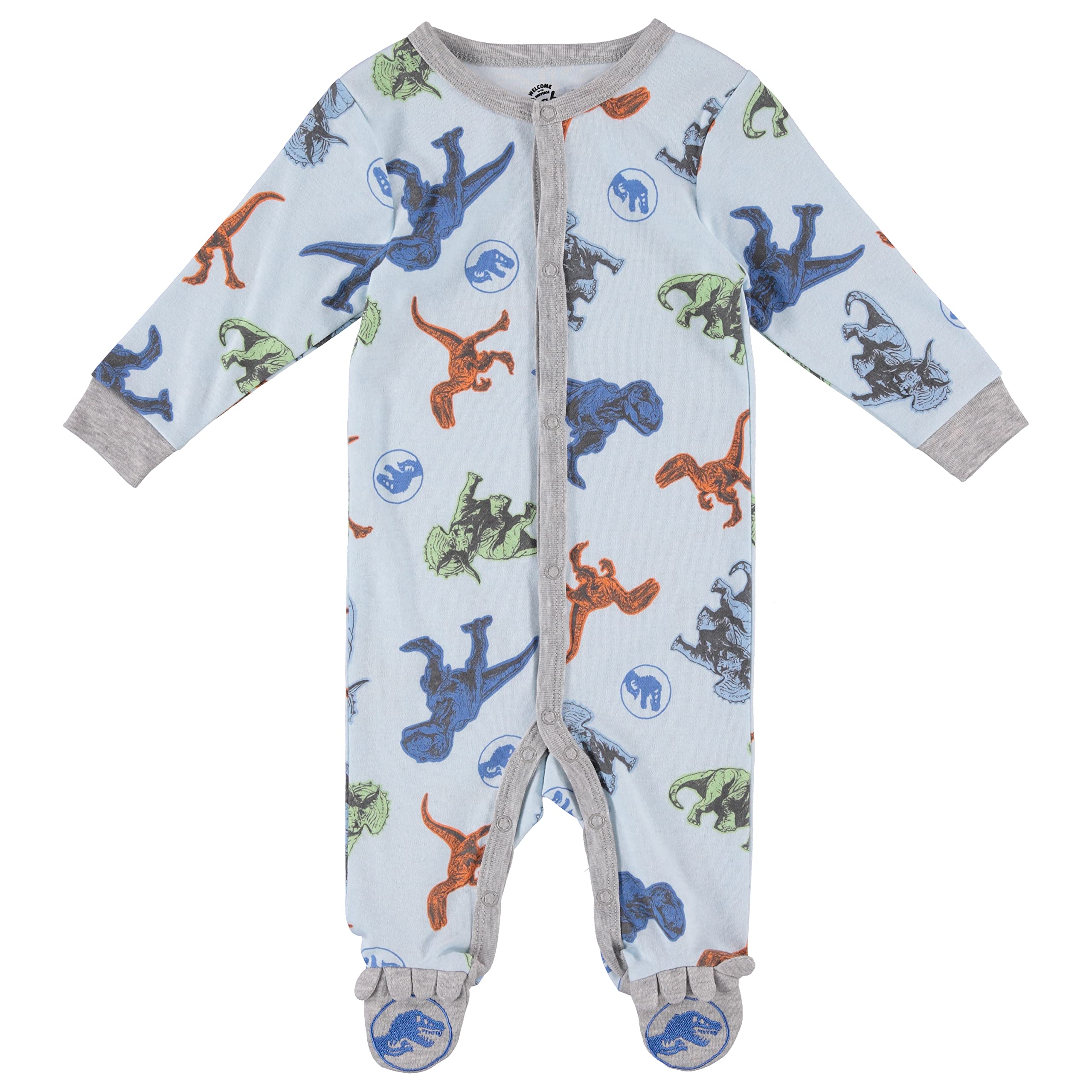 Jurassic World Welcome to the Universe Baby Baby Footie Pajamas - Baby Sleeper Bodysuit (3-6M), Blue/Orange/Green (AJWB115FT)