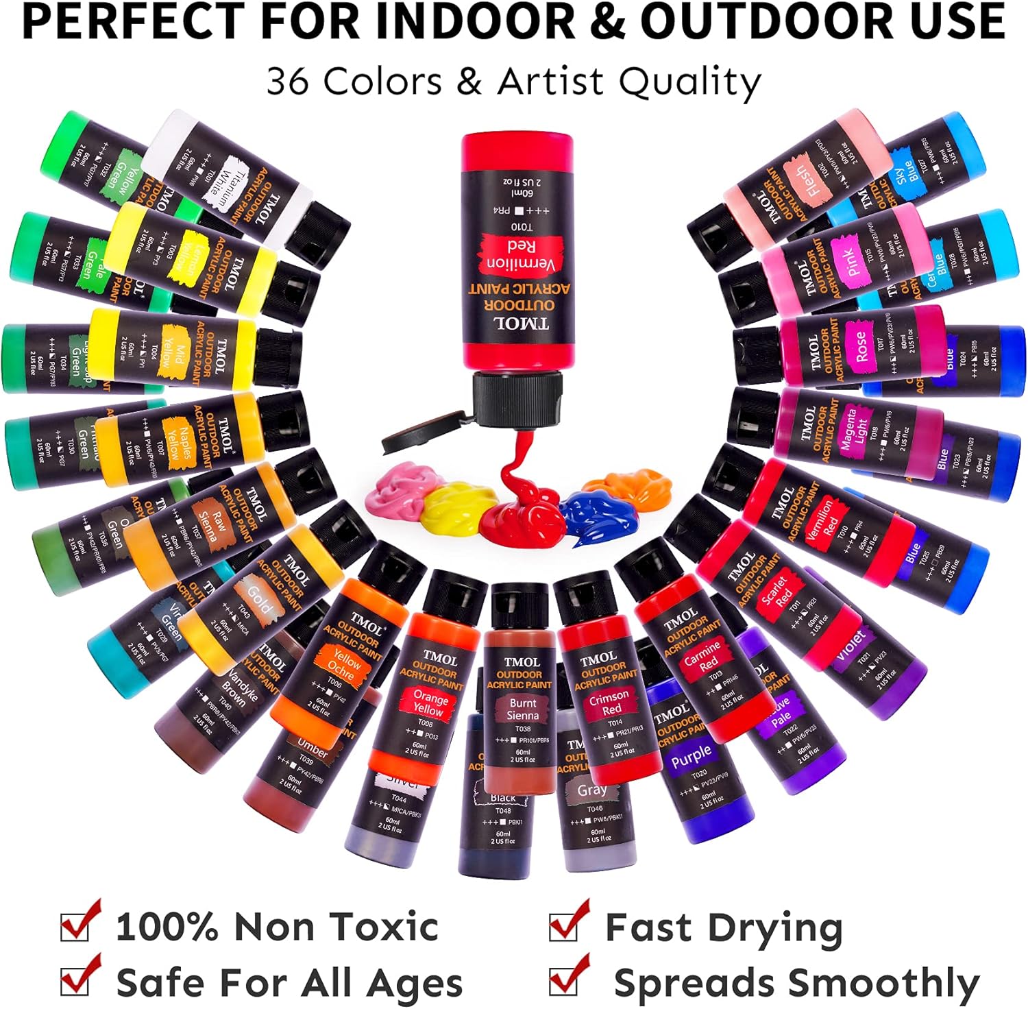 Acrylic Paint Set, 36 Colors Outdoor Paint (2 oz/Bottle) with 12 Art Brushes, Art Supplies for Painting Canvas, Rock, Wood, Ceramic & Fabric, Rich Pigments Lasting Quality : Arts, Crafts & Sewing