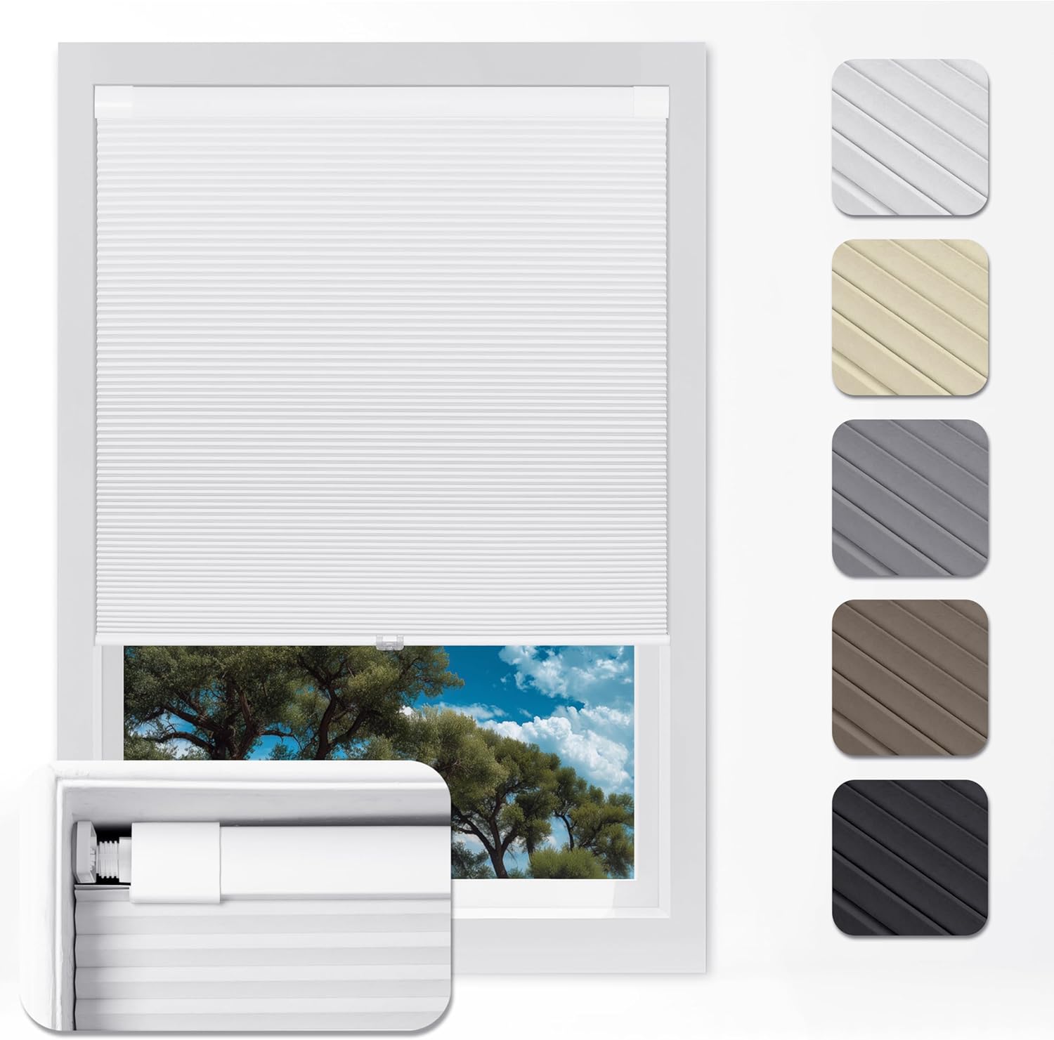 No Drill No Tools Blackout Cellular Shades Easy to Install, Cordless Honeycomb Blinds for Indoor Windows, Thermal Insulation Noise Reducing UV Protection, White, Custom Size.