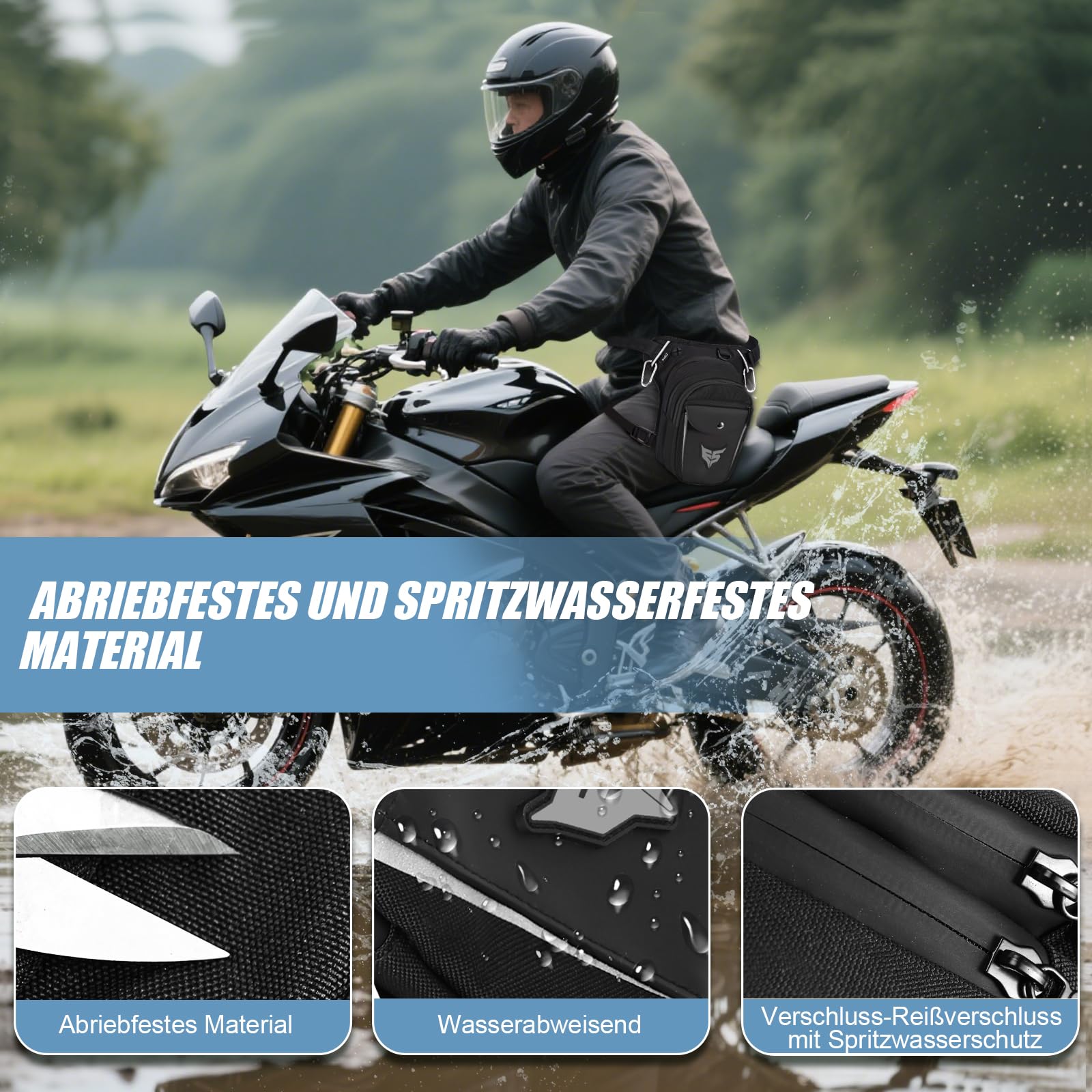 Eshow Beintasche Motorrad für Herren Damen, Oberschenkeltasche Gürteltasche Erweiterbare Stauraum, Bauchtasche mit 1 Flaschenhalter 2 Karabinern Reflexstreifen für Wandern Radfahren Schwarz