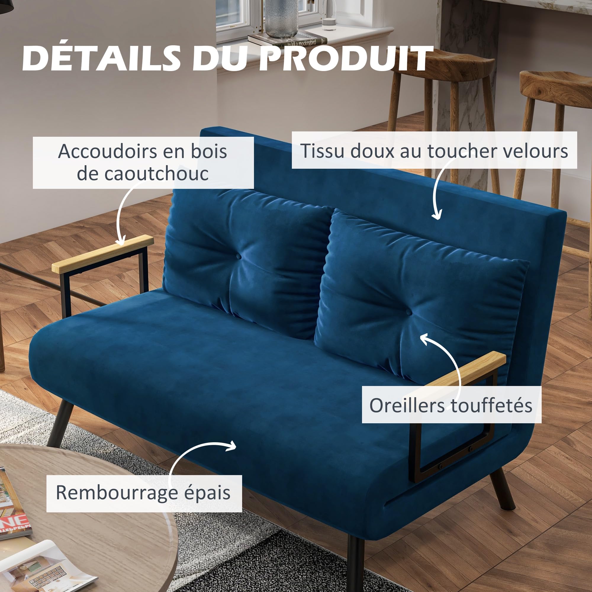 HOMCOM Canapé Convertible 2 Places 4 en 1, canapé-lit avec Dossier réglable sur 5 Niveaux, 2 Coussins et siège rembourré, Tissu Effet Velours, pour Salon, Chambre d'amis, Petit Espace, Bleu