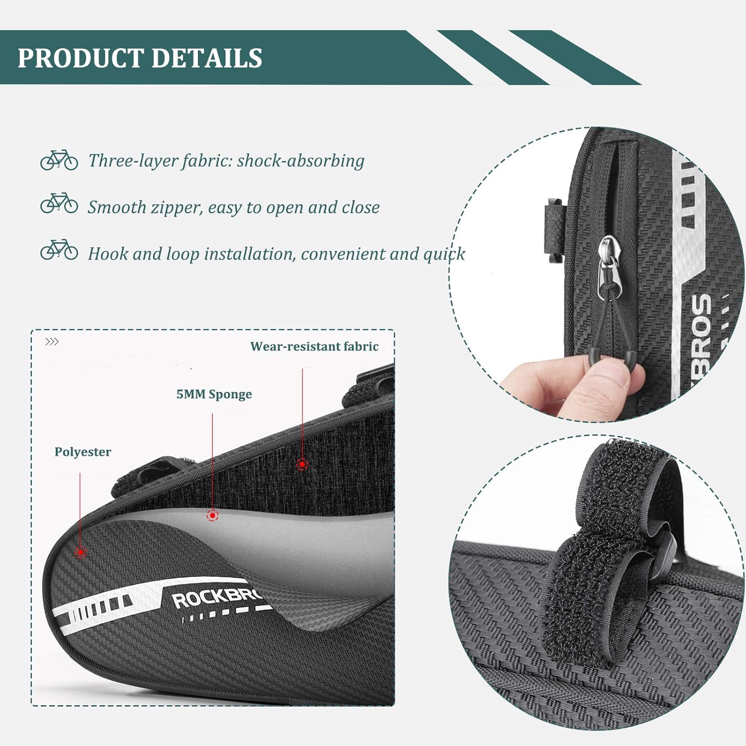 ROCKBROS Bike Triangle Bag Bicycle Frame Bag Reflective Bike Bicycle Under Top Tube Pouch Side Opening Corner Pouch Storage Pack for Cycling 1.2L - Image 5