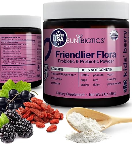 SUNBIOTICS Friendlier Flora - Suplemento en polvo prebiótico y probiótico para niños con 5 mil millones de UFC de 5 cepas probióticas para una buena