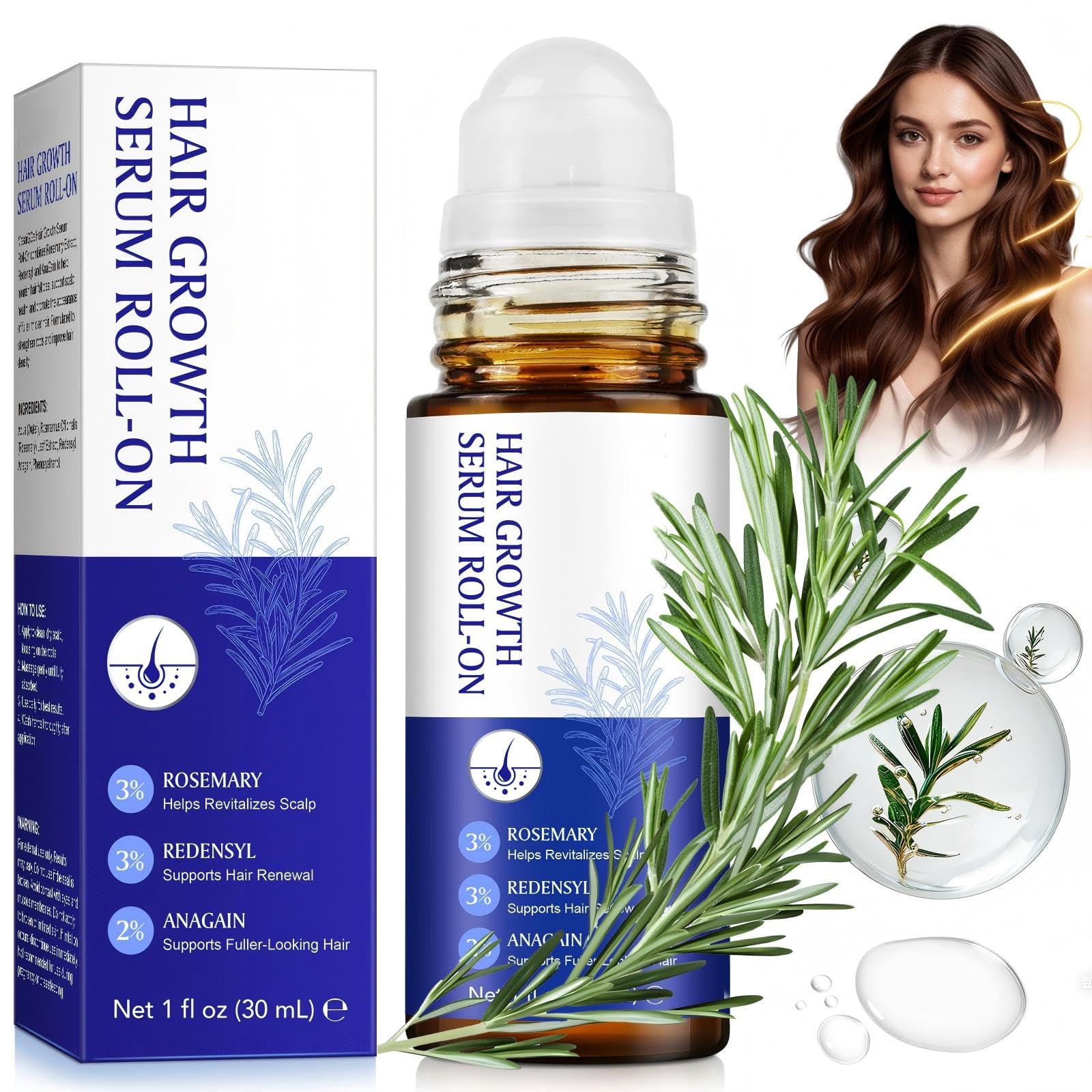 Hair Growth Serum Roll On, Huile et sérum de croissance capillaire au romarin 3%, Redensyl 3%, Anagain 2% - Nourrit les follicules pileux et le cuir chevelu - 30 ml