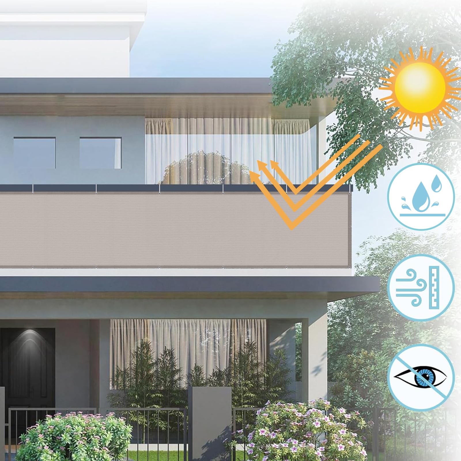 AXT SHADE Balcony Privacy Screen 100x600cm Waterproof Balcony Cover Wind and UV Protection with Cable Ties for Outdoor Terrace-Taupe - Image 2