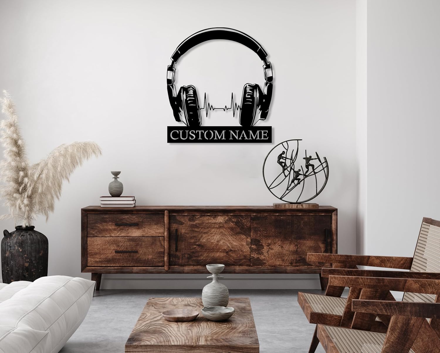 Custom Earphones Metal Wall Sign, Personalized Headphones Decor, Musical Instrument, Music Lovers Gift, Sound Studio DJ Club Name Sign, Musical Sculptures for Office, Home, Living Room, Workshop