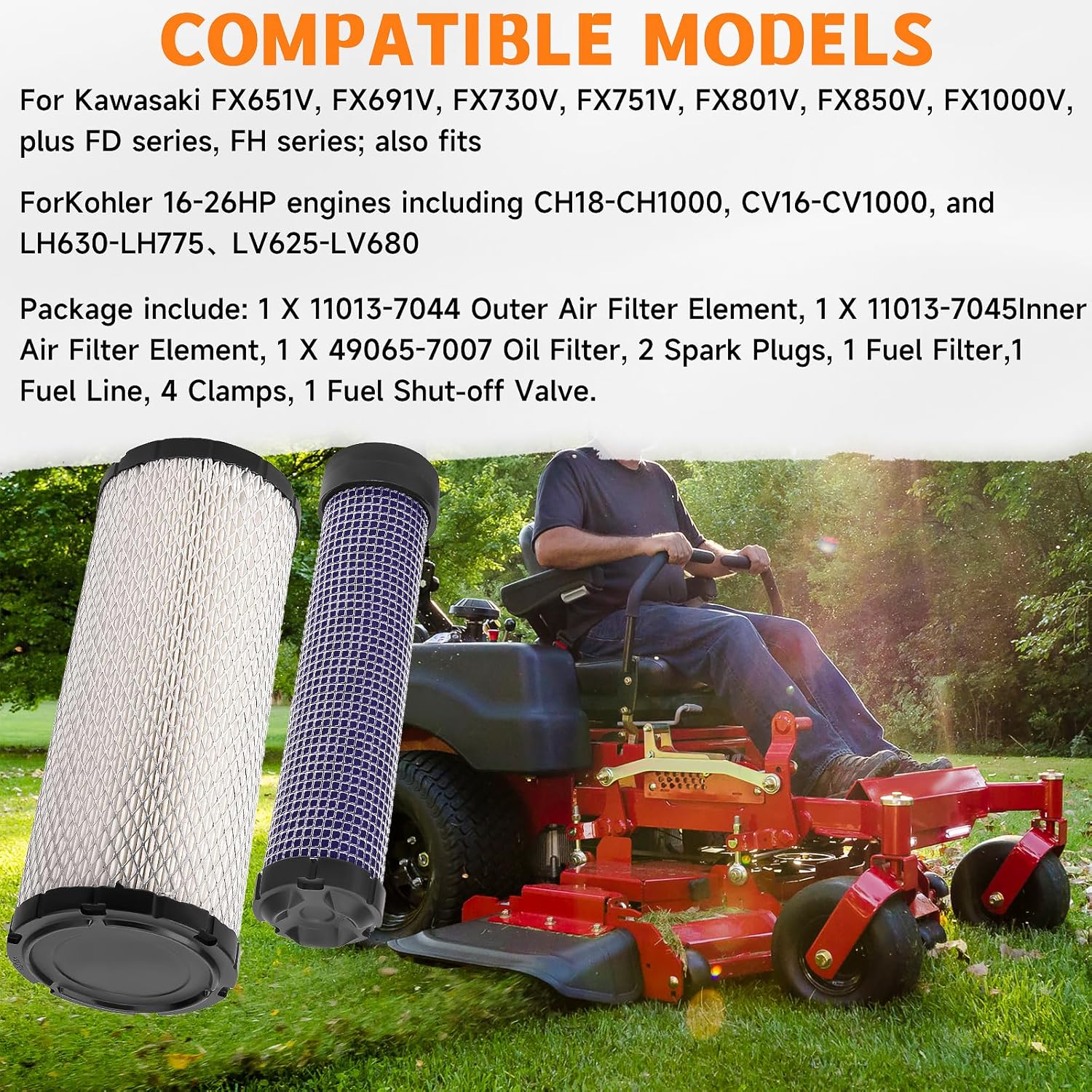 11013-7044 Outer & 11013-7045 Inner Air Filter, 49065-7007 Oil Filter for Kawasaki FX651V FX691V FX730V FX751V FX801V FX850V FX1000V Engines Spark Plug Lawn Mower Tune-Up