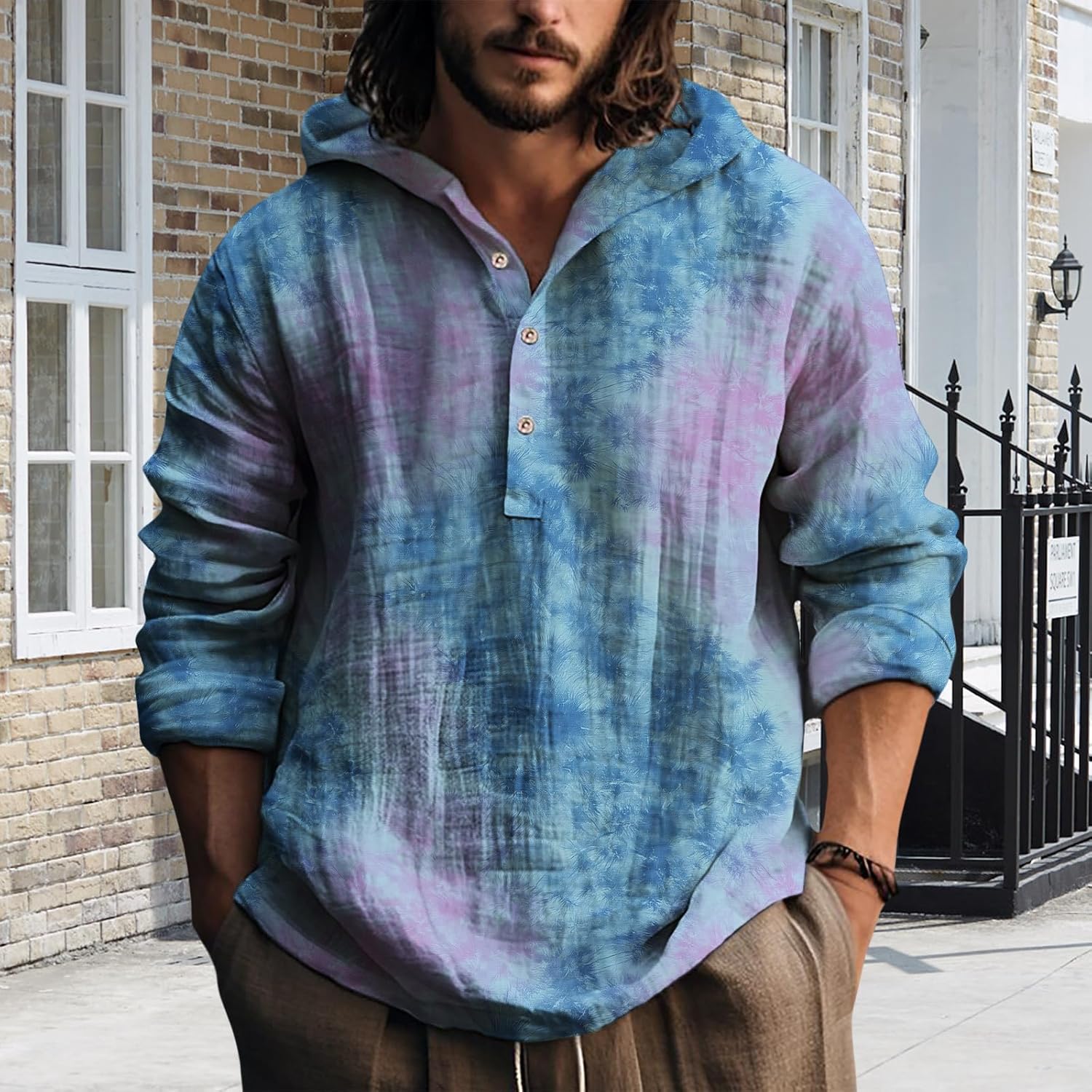 Mens Hooded Tie Dye Button Up Shirt Long Sleeve Casual Pullover Top Relaxed Fit Beach Vacation Streetwear - Image 5