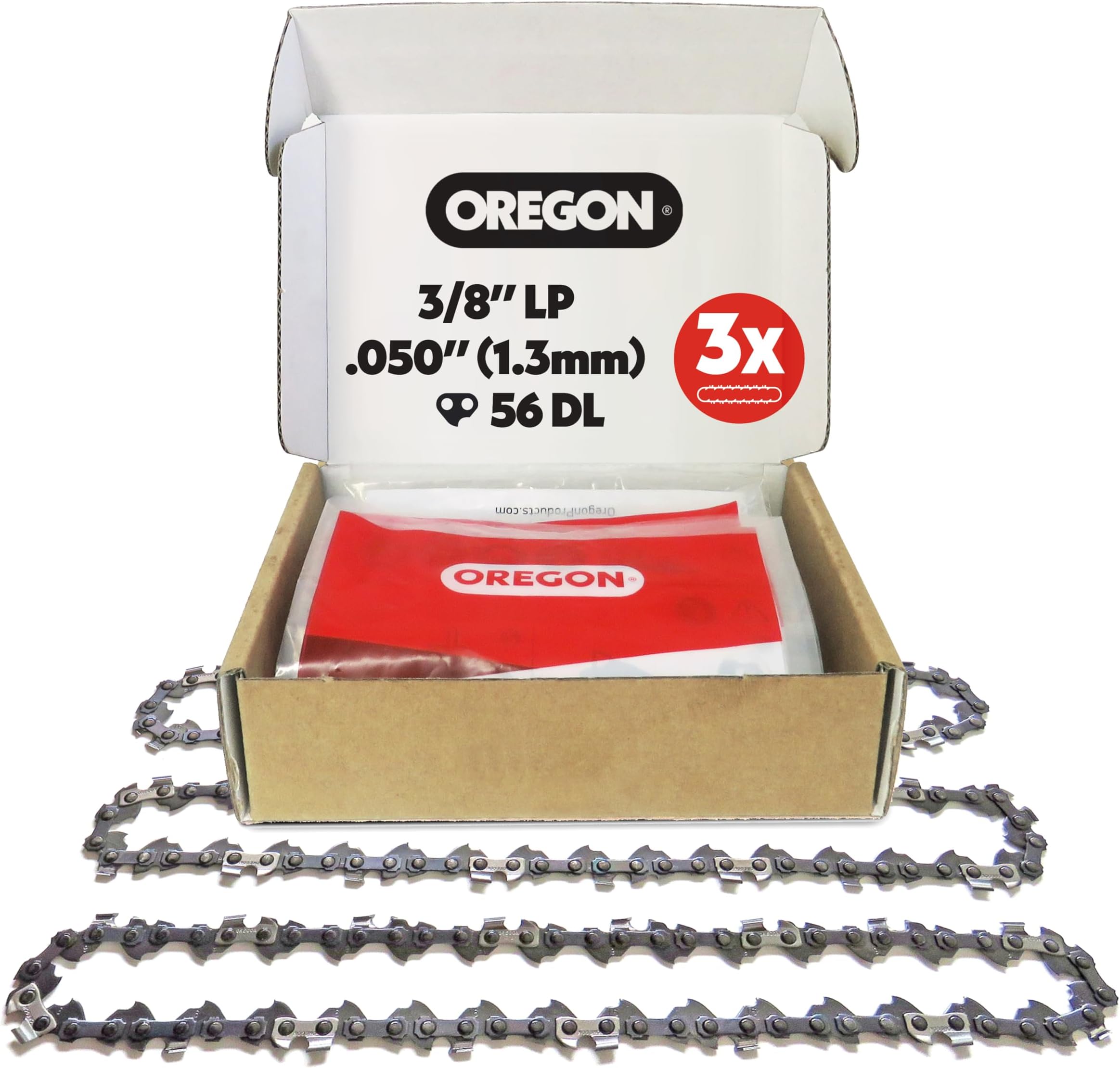 Oregon 3-Pack Chainsaw Chain 3/8" LP Pitch, .050" (1.3 mm) Gauge for 16" (40cm) Bar, 56 Drive Links – Low-Kickback Replacement Saw Chain, Fits Titan, Ryobi, Black & Decker, Dolmar and More (91P056X3)