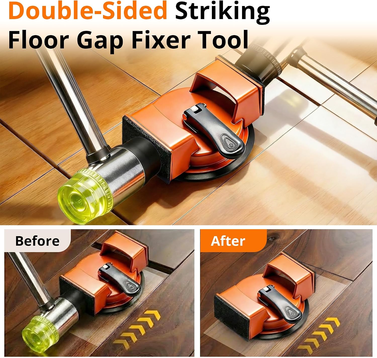 Floor Gap Fixer Tool, Iron, Suction Cup, Laminate LVP Hardwood | 5pcs sticky pads, double-sided striking surface, iron body, enhanced suction cup for laminate, LVP, hardwood floor repair
