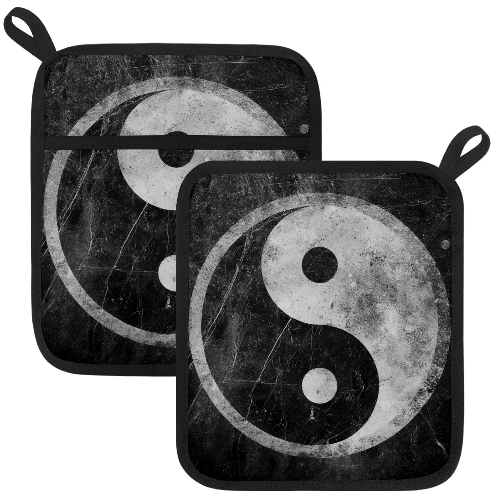 VAPOKF Yin Yang Pot Holders with Pocket for Kitchen Heat Resistant Potholders Large Polyester-Cotton Square Oven Mitts Set