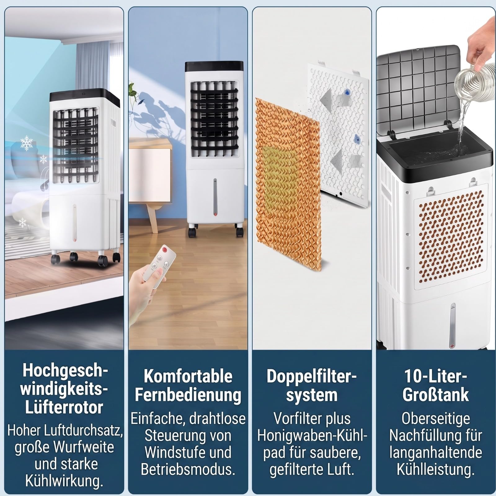 Luftkühler Ohne Abluftschlauch 10L 65WMobiles Klimagerät mit Wasserkühlung | 3 Stufen Fernbedienung Timer, Luftkühler für Zuhause Büro Schlafzimmer, Klimagerät Mobil mit Eispack