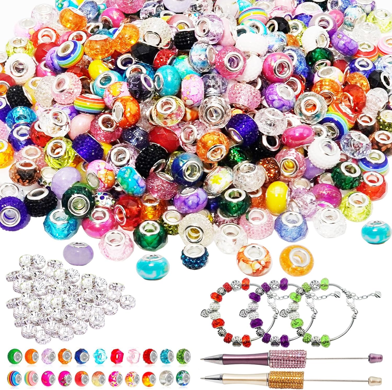 380Pcs European Rhinestone Beads & 200Pcs Lampwork Spacer Bead for Bracelets Necklace Jewelry Making,Large Hole Bulk Crystal Jewelry Bead for DIY Crafts,Assorted Large Hole European Beads for Pens