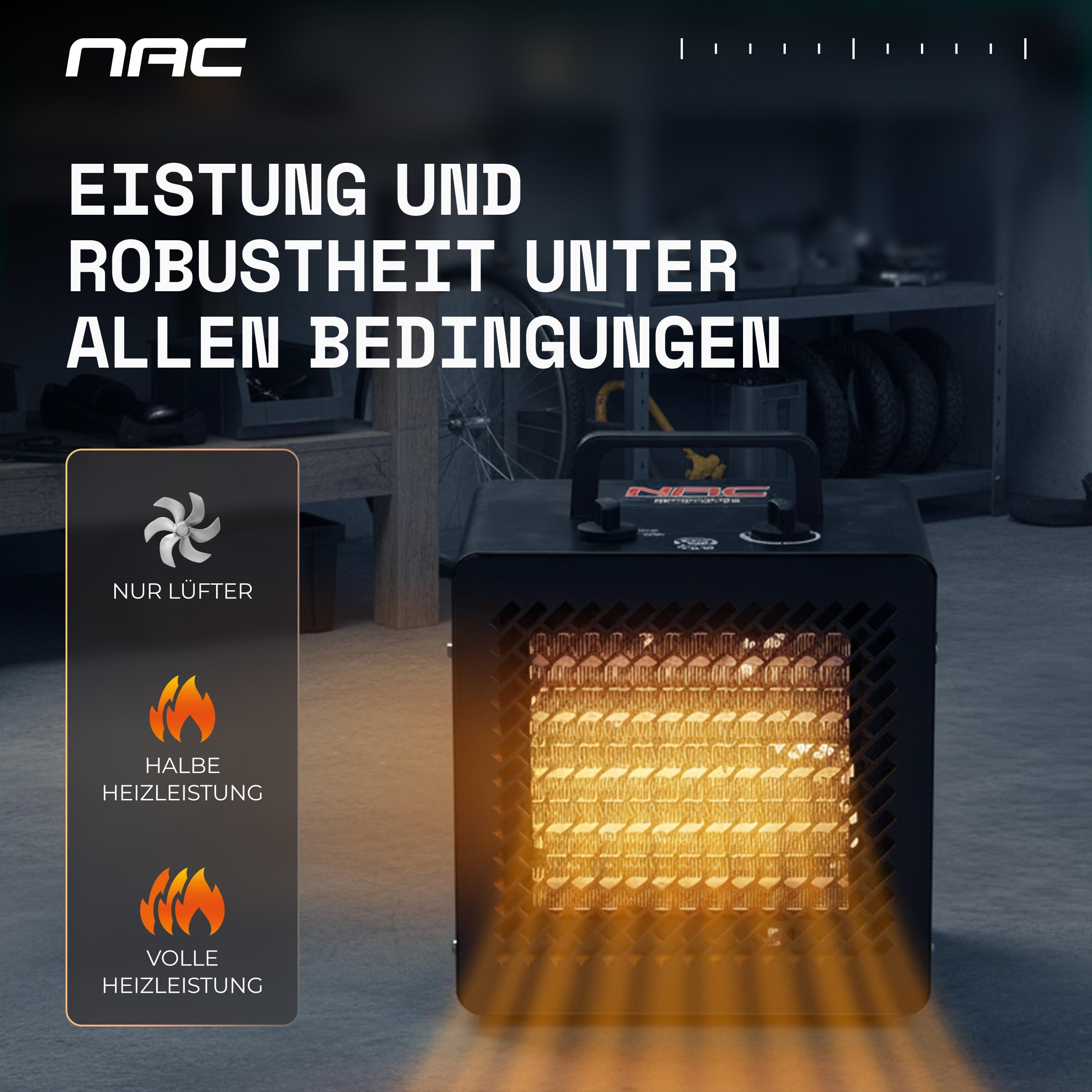 NAC Elektrischer Keramik Heizlüfter 3000 Watt - Heizstrahler mit Thermostat, Heizung Elektrisch - Heizgerät mit 3 Heizstufen, Elektroheizung für Garage, Werkstatt, Baustelle - Bauheizer Bautrockner