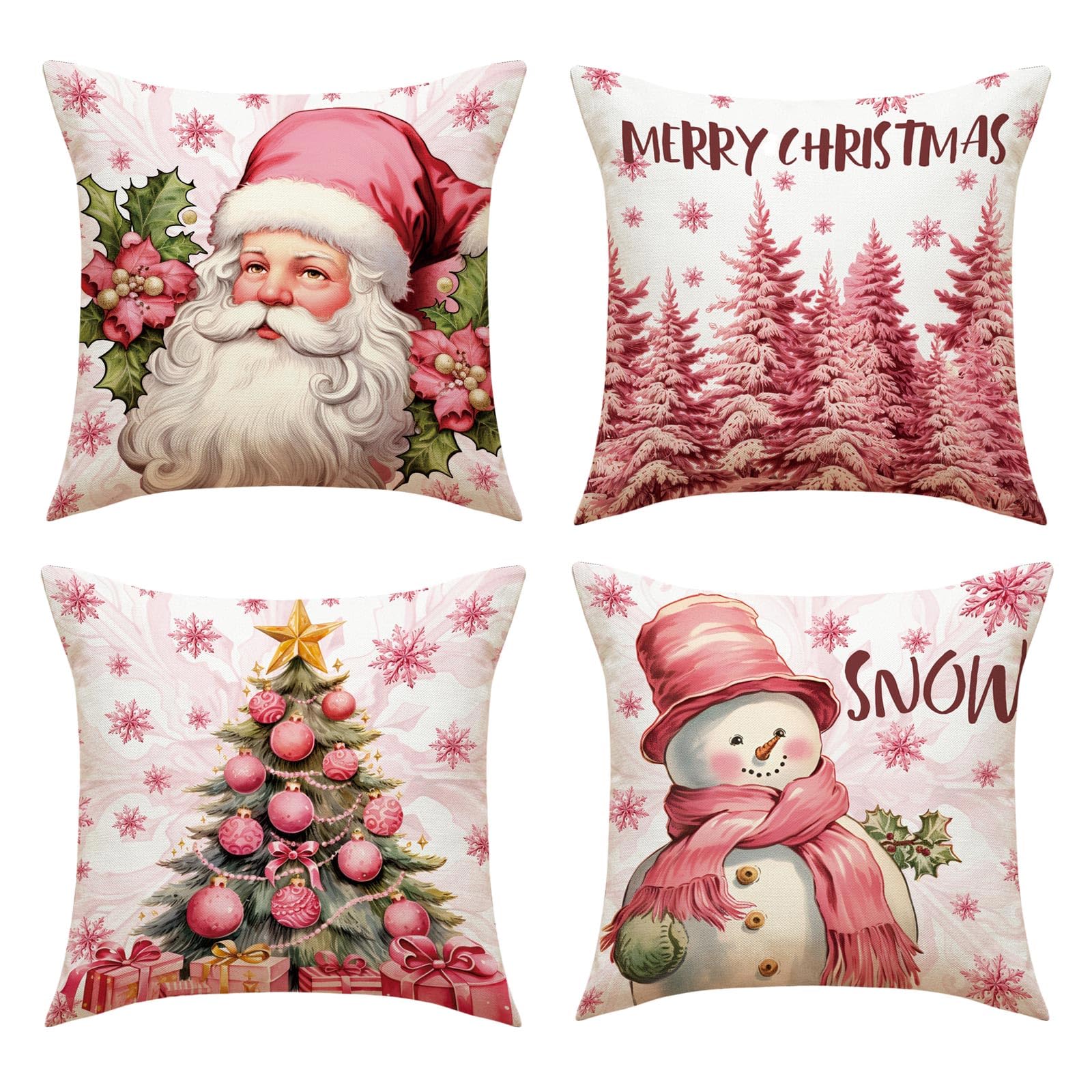 Tsophreniq 4Pieces Christmas Themed Linen Pillowcases with Reindeers Pattern for Sofa and Bedroom Decoration 45x45cm Reindeers Pattern Pillows