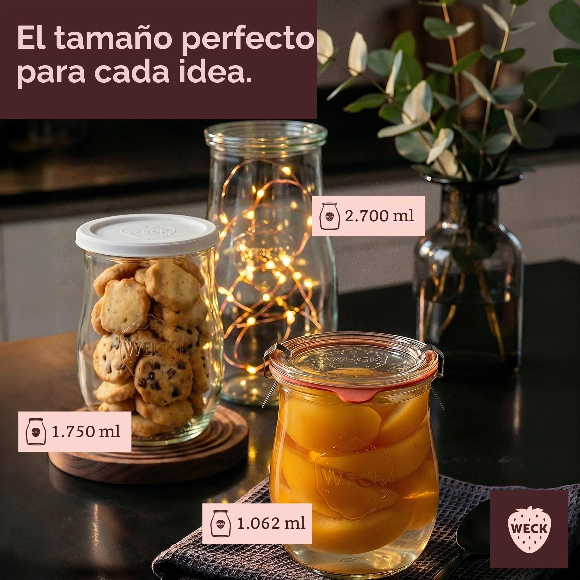 Weck Tarros de tulipán, 2500 ml, 4 unidades, tarro con tapa, para conservación, zumos, almacenamiento hermético de ingredientes secos