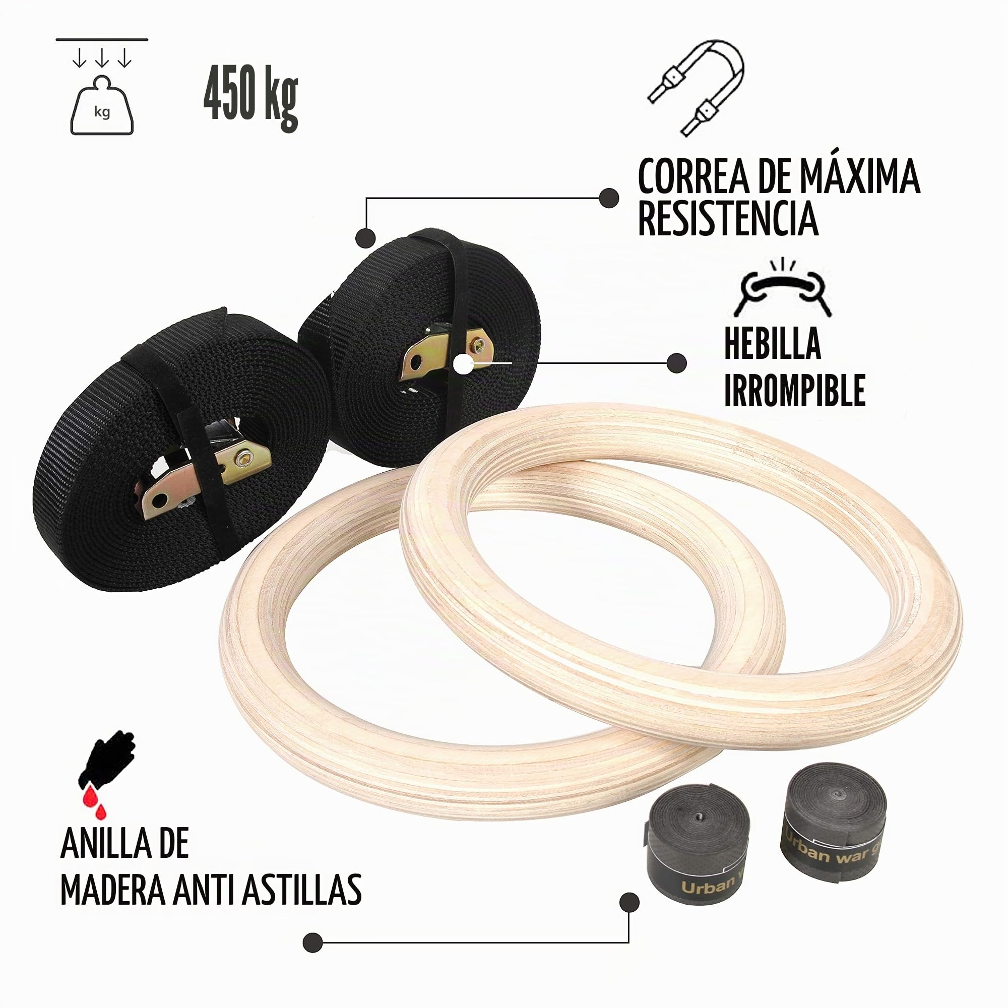 CCLIFE Anillos de Gimnasia de Madera con Correas Hebillas Ajustable, Anillas Entrenamiento Antideslizante para Entrenamiento y Fitness en Casa, Dimension 28mm,Carga 450KG