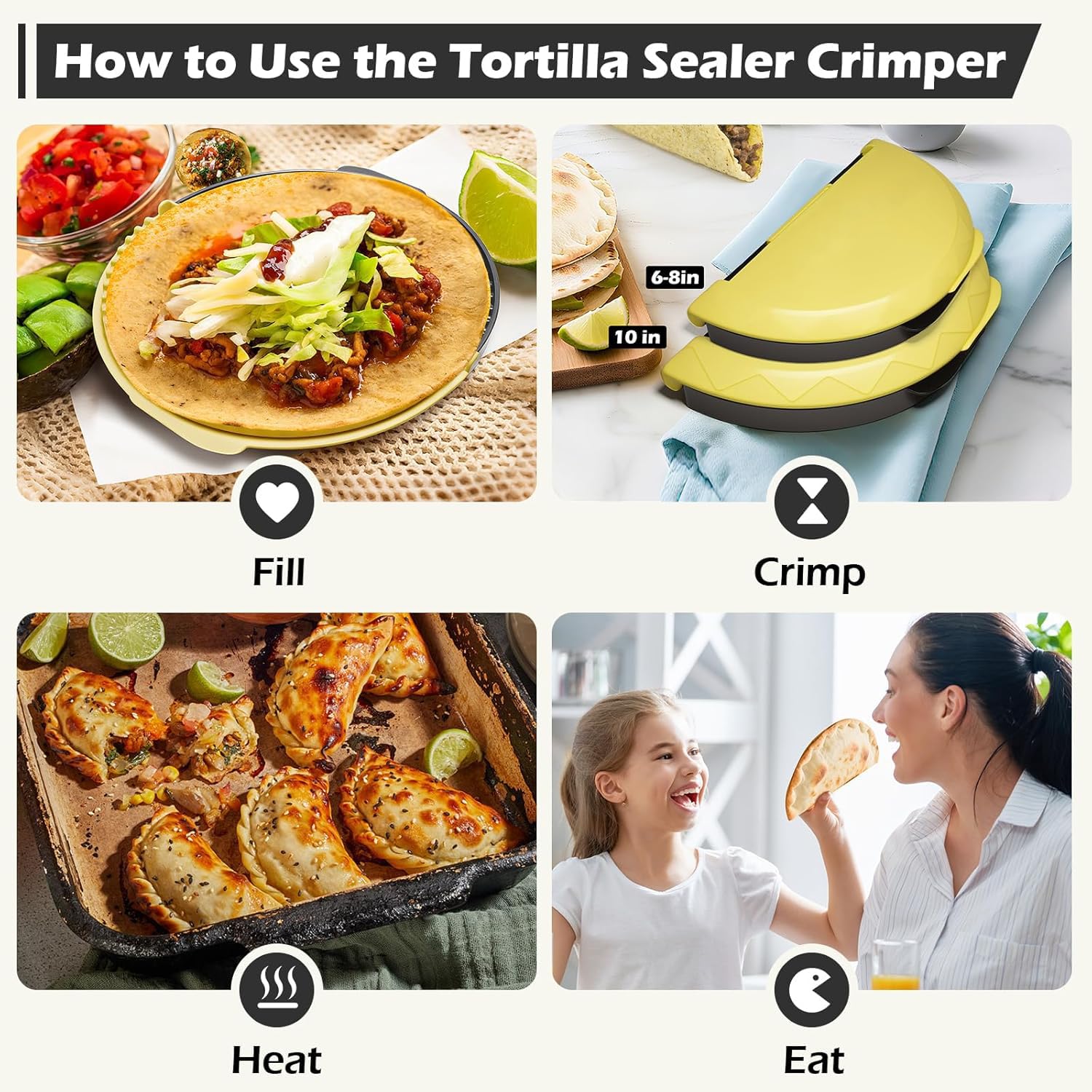 Sigillante per tortilla 3 in 1 (25,4 + 20,5 + 15,2 cm) rimovibile per tortilla, design a dente di squalo, lavabile in lavastoviglie, adatto per burritos, pancake, gnocchi (giallo nero)