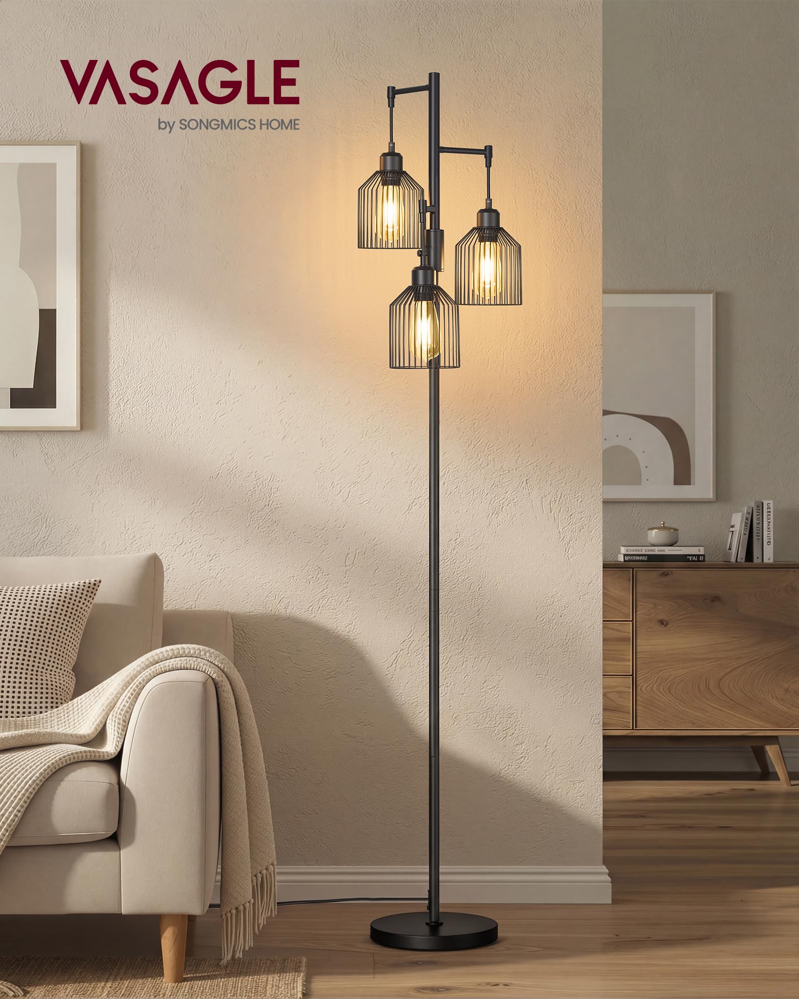 VASAGLE Lampada da Terra, Piantana con 3 Lampadine, Luminosità Regolabile, Paralume in Metallo, 3 Attacchi E27, Nero Inchiostro LFL013BD02
