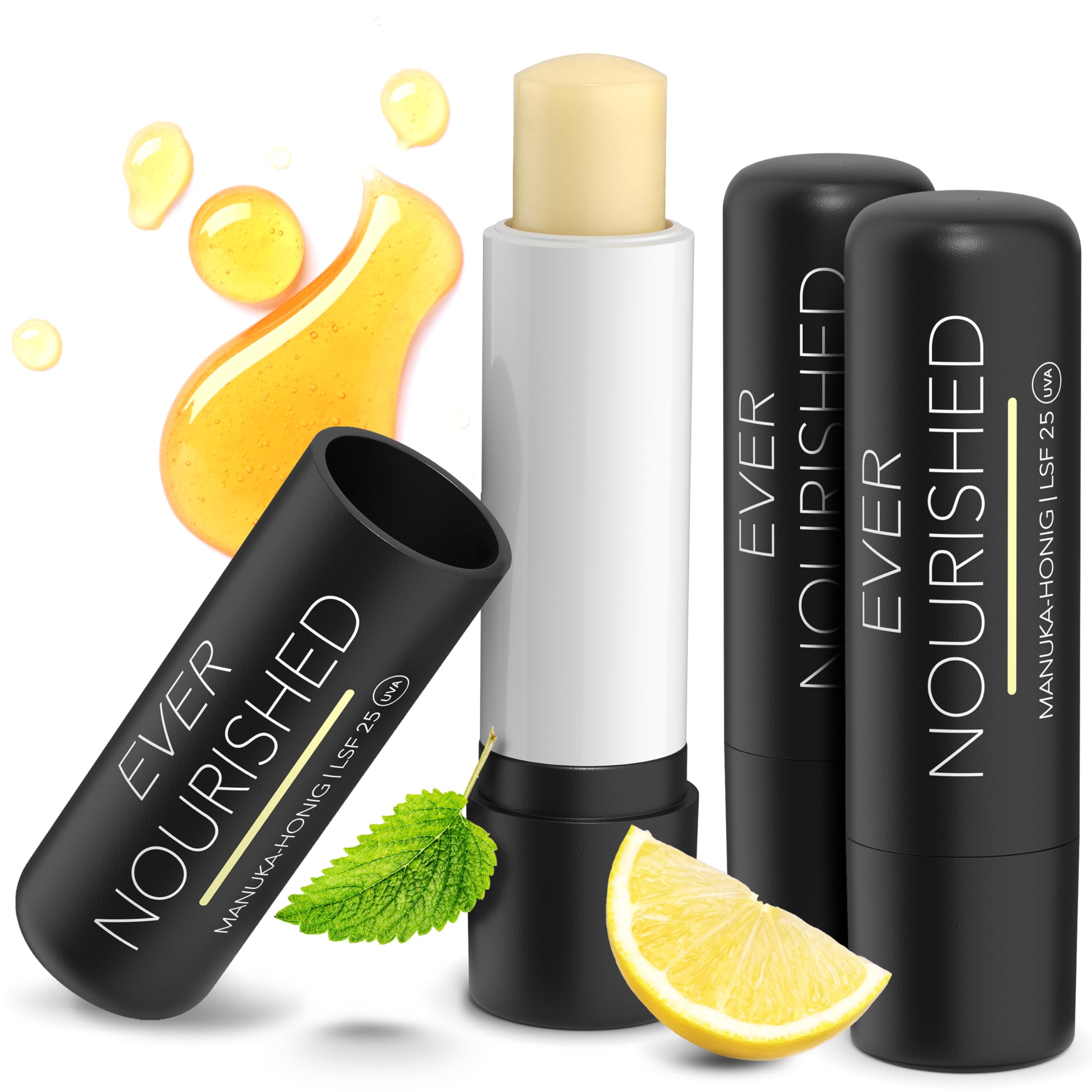 evernourished Manuka Lippenpflege mit LSF 25 - bei Herpes & trockenen Lippen - Lippenbalsam mit Manukahonig (MGO 400+) und Sonnenschutz 25 UVA - Lippenpflegestift 3 x 4,6g