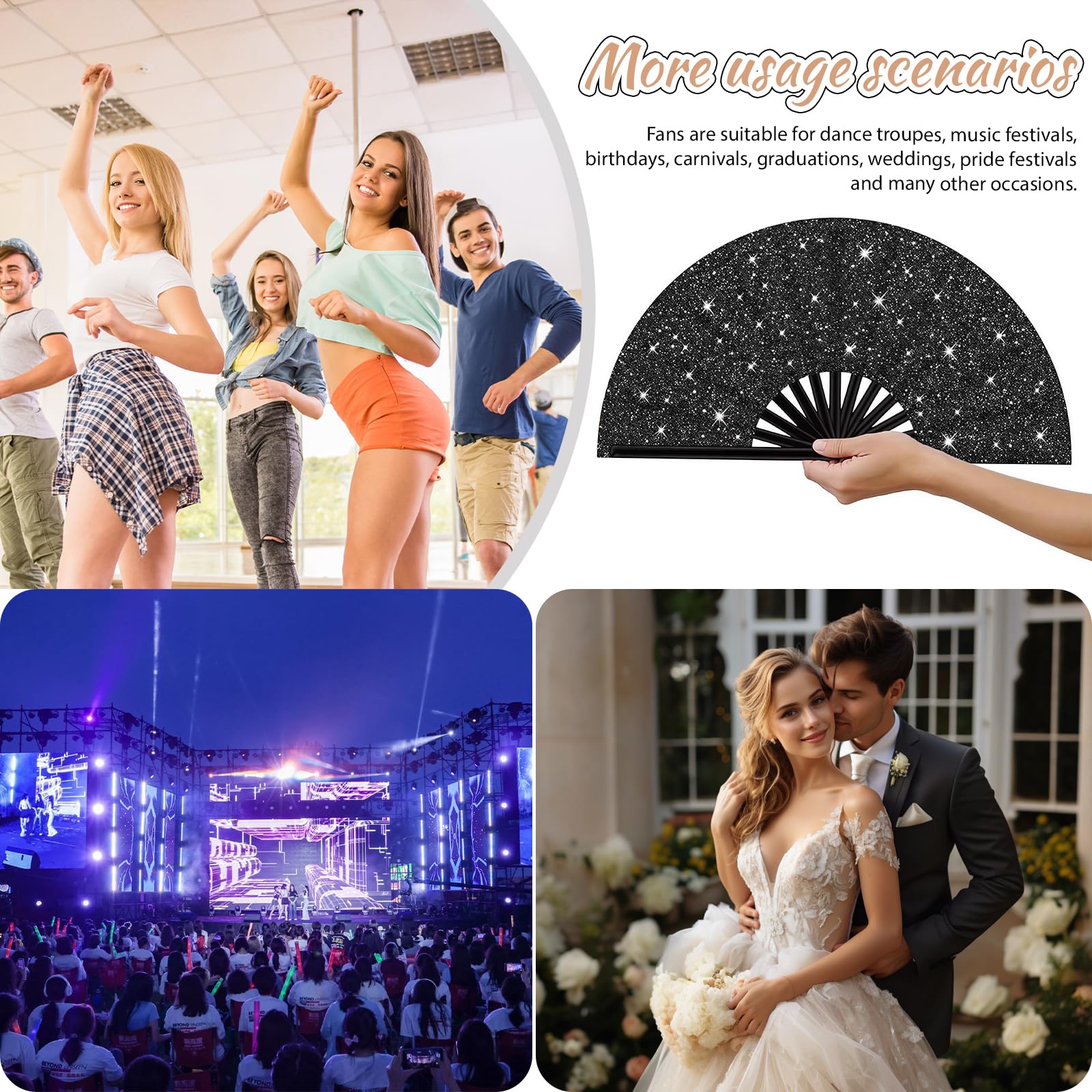 Yamobi Grande Abanico de Mano - Abanico Plegable para Mujeres, 33 cm con Brillo - Negro, Ideal para Festivales EDM, Rave, Fiestas y presentaciones de Baile