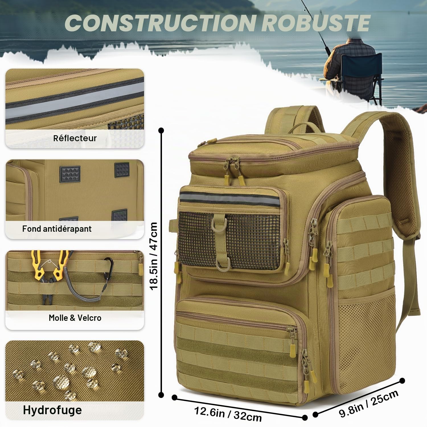 Sac à Dos de Pêche avec Porte-Canne 45L Large Résistant à l'eau Sac de Rangement pour Accessoires de Pêche pour la Randonnée, Camping, Trekking, Sport de Plein Air
