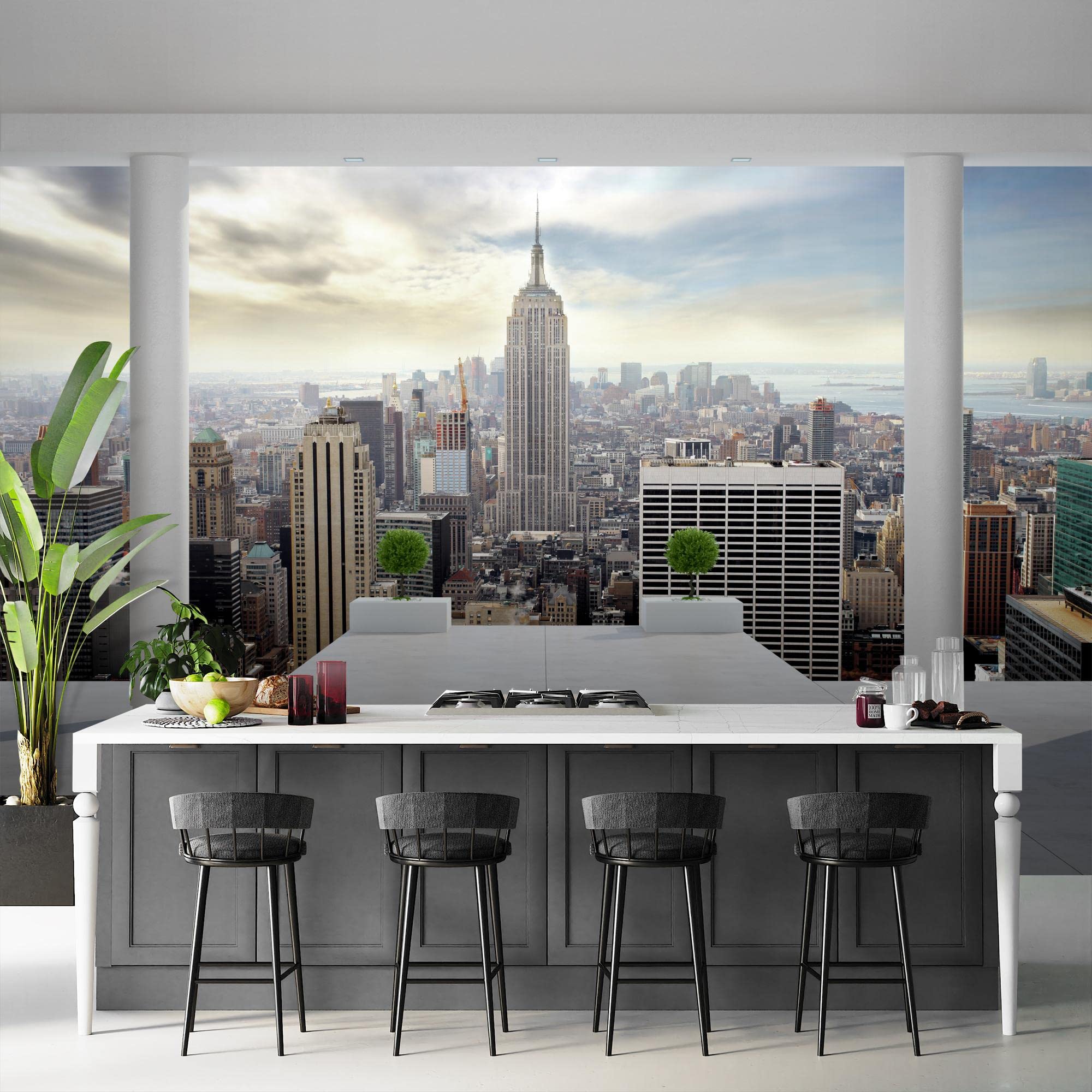 Runa Art Papier peint intissé Balcon de New York 352 x 250 cm Toison Mur XXL Tableaux Muraux Tapisserie Photo Décoration Murale Salon Chambre bleu 9204011a