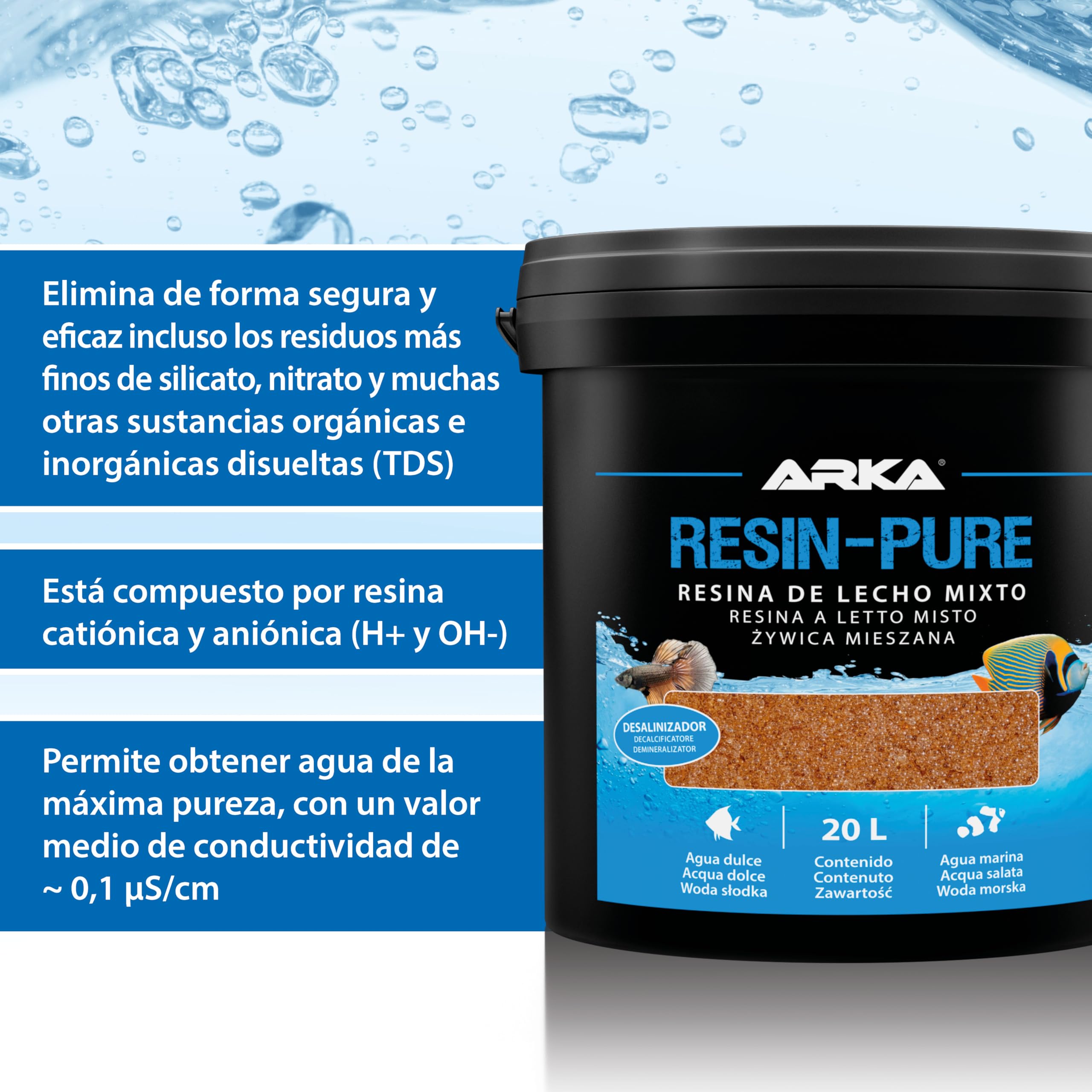 Resina Mixta Acuario – ARKA Resin-Pure 4 L – desmineralizador para filtros de ósmosis – Elimina 100 % TDS, silicatos y nitratos – Agua ultrapura sin residuos – para acuarios Marinos y de Agua Dulce