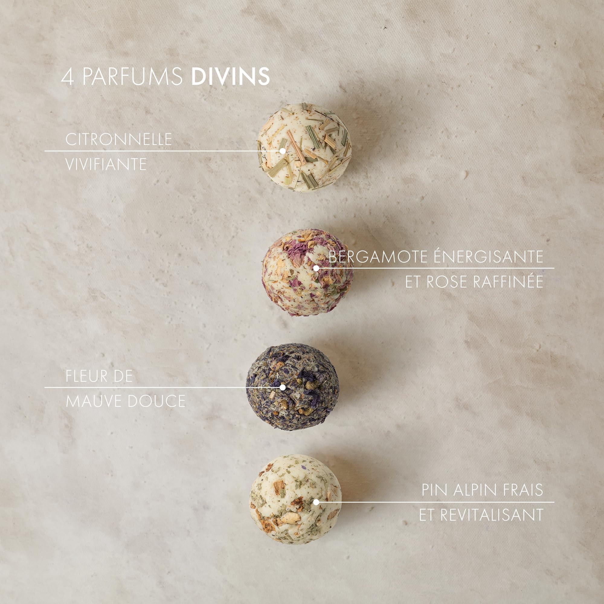 Satin Naturel Coffret 4 Bombes de Bain BIO Luxueuses Vegan – Cadeau Bien-Être pour Femme – Boules de Bain Premium – Idée Cadeau Anniversaire pour Elle – Naturcosmétique
