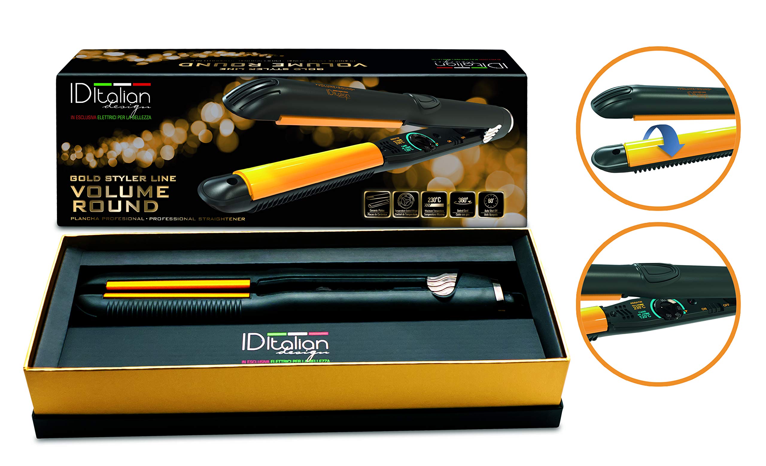 Gold Styler Volume Round Plancha de Pelo Profesional – Placas Curvadas de Cerámica – Temperatura Regulable 120 °C – 230 °C – Cable 360° – Alisa, Ondula y Da Volumen