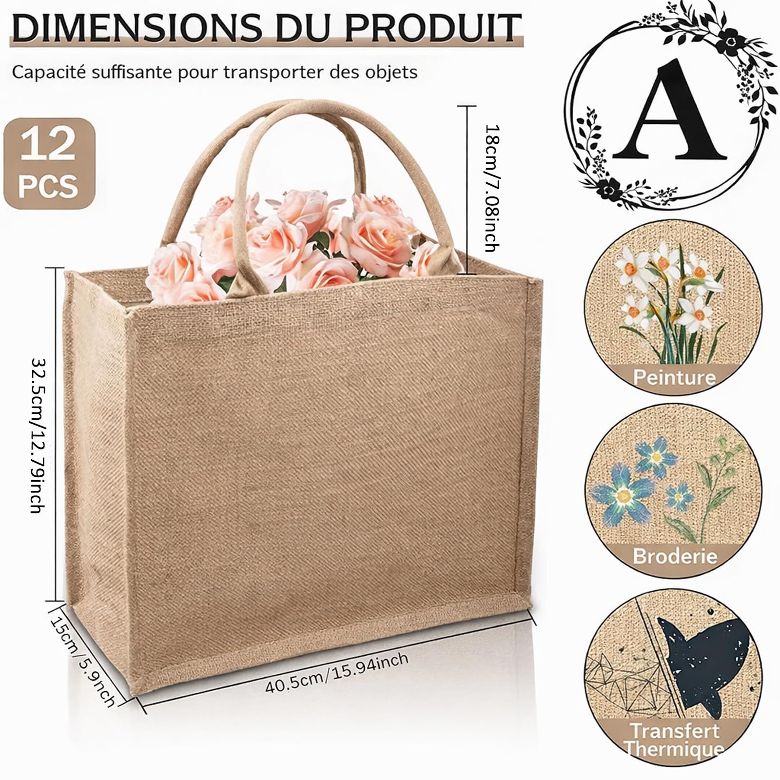 Lot de 12 Grands Sacs Cabas en Toile de Jute à Personnaliser, 40x32x15 cm