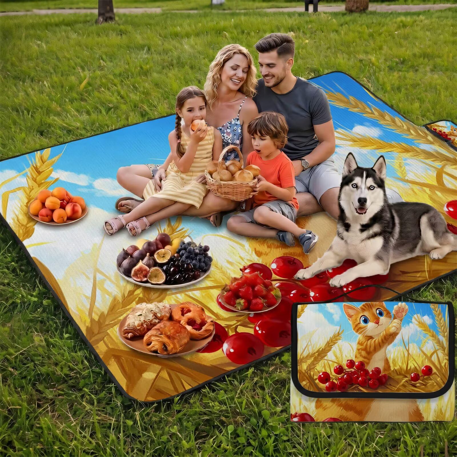 Couverture Pique Nique Grande 200x300cm,Outdoor Couverture Imperméable,Pliable Tapis de Plage Dos en PVC,Picnic Blanket pour Camping Accessoires,Jardin,Parc,Famille - en Automne,Les Chats (1) UZ-714