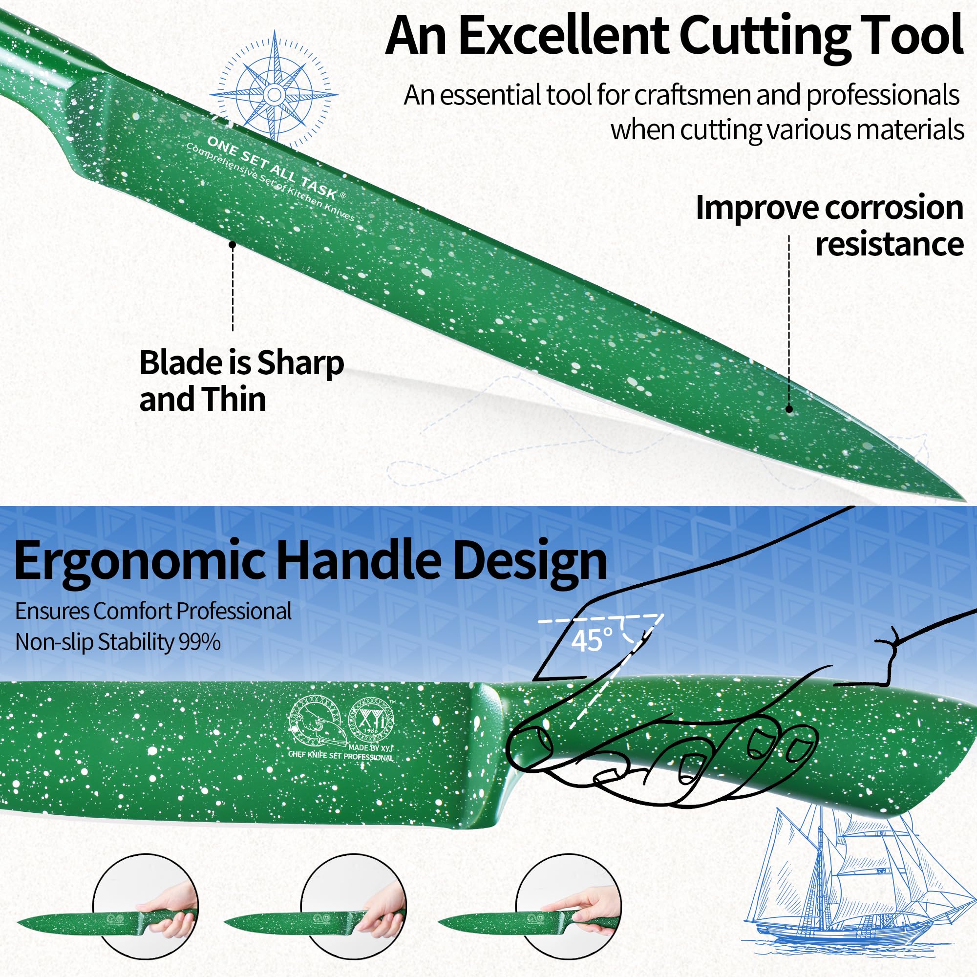XYJ Authentic Since 1986 - Set di coltelli da cucina in acciaio inox con portacoltelli, manico verde, coltelli da cucina giapponesi, coltello da bistecca, coltello trinciante, coltello da pane