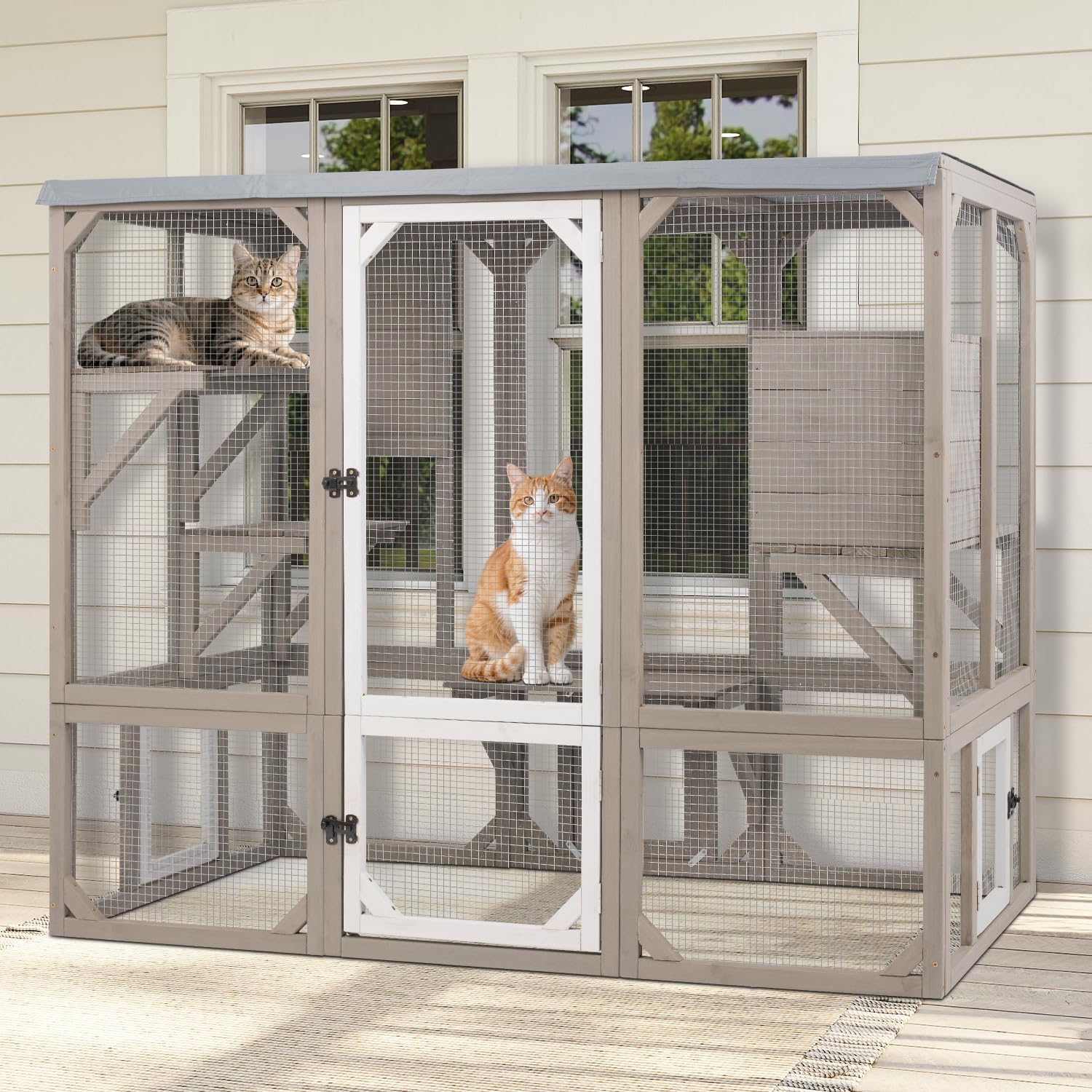 Large Catio Outdoor Cat Enclosure Window Access, Wooden Kitty Cage with Resting Room & 3 Platforms for Multiple Feral Cats, Cat House Attached to Window, Pet's Door for Patio Indoor